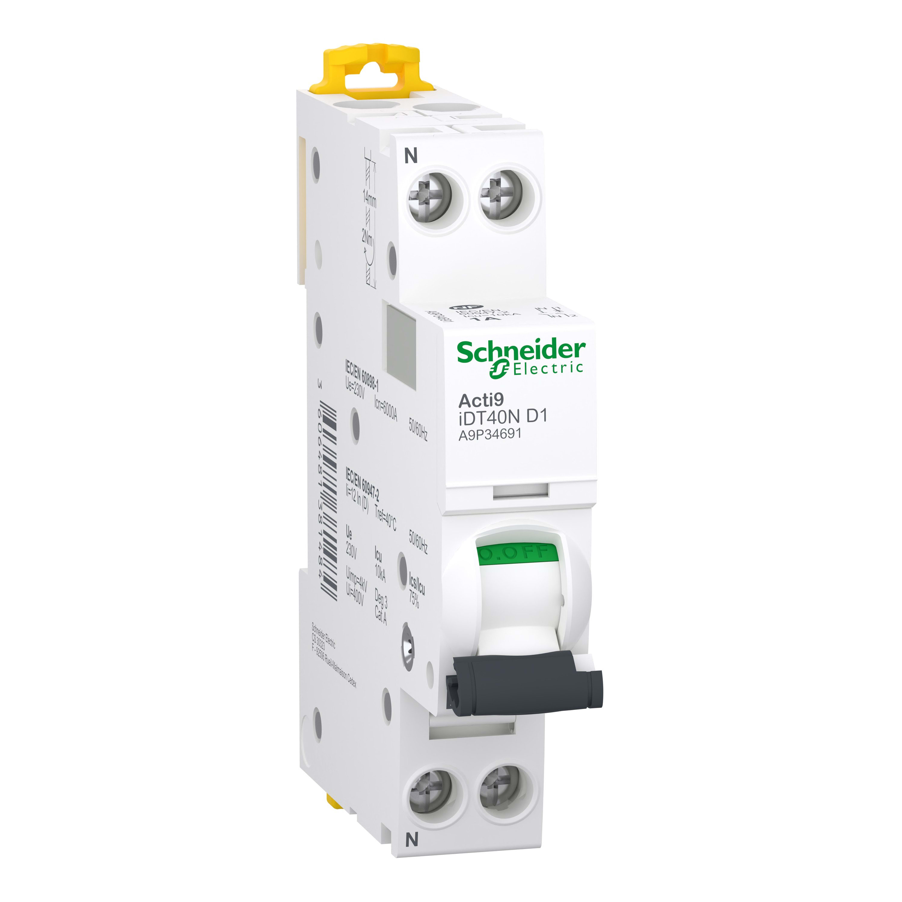 Schneider Electric - Acti9 iDT40N - Disjoncteur modulaire - 1P+N - 1A New - Courbe D - 6000A/10kA