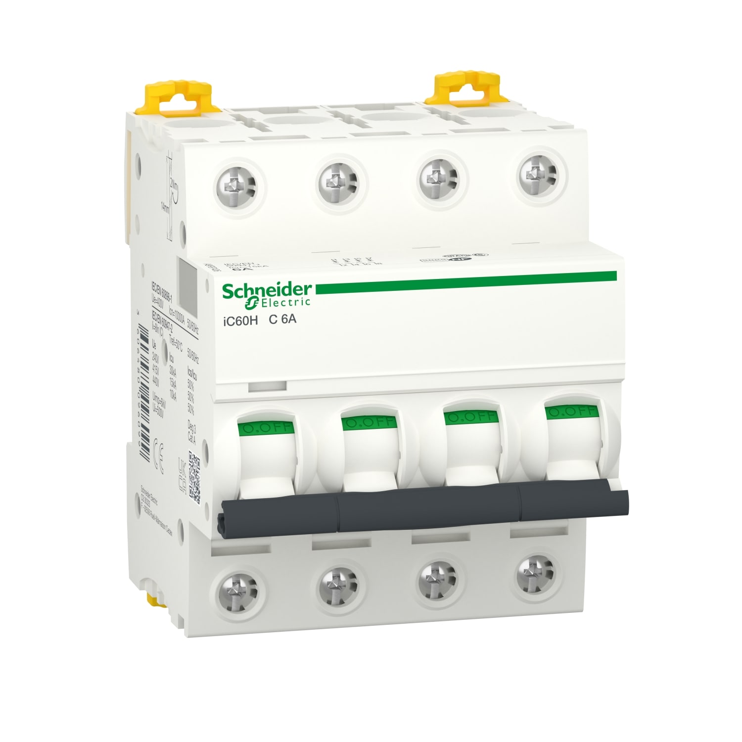 Schneider Electric - Acti9 iC60H - Disjoncteur - 4P - 6A - Courbe C - 400Vca - 10000A/15kA