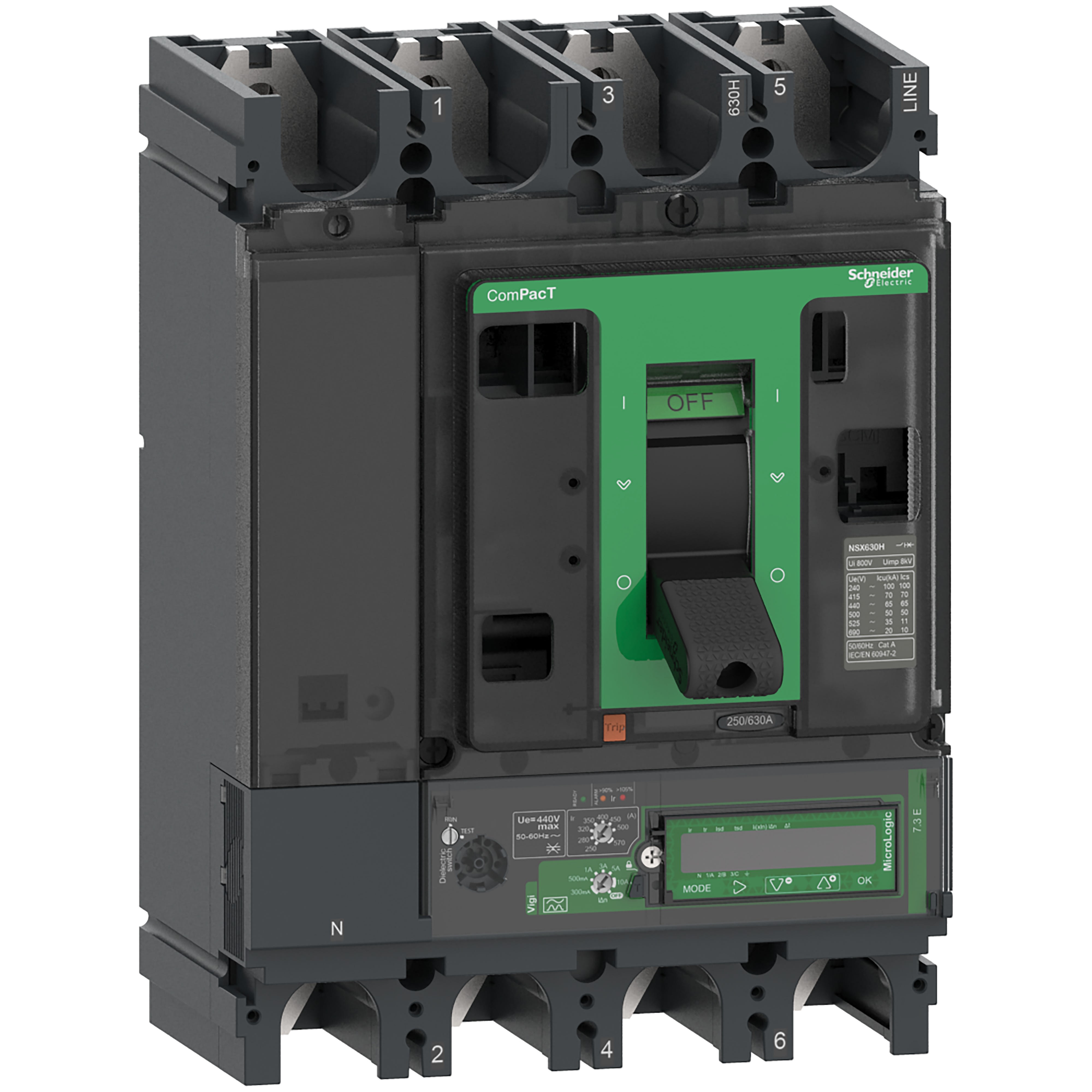 Schneider Electric - ComPacT NSX630F - Disjoncteur Vigi - MicroLogic 7.3E 570A - 4P4D - 36kA - fixe