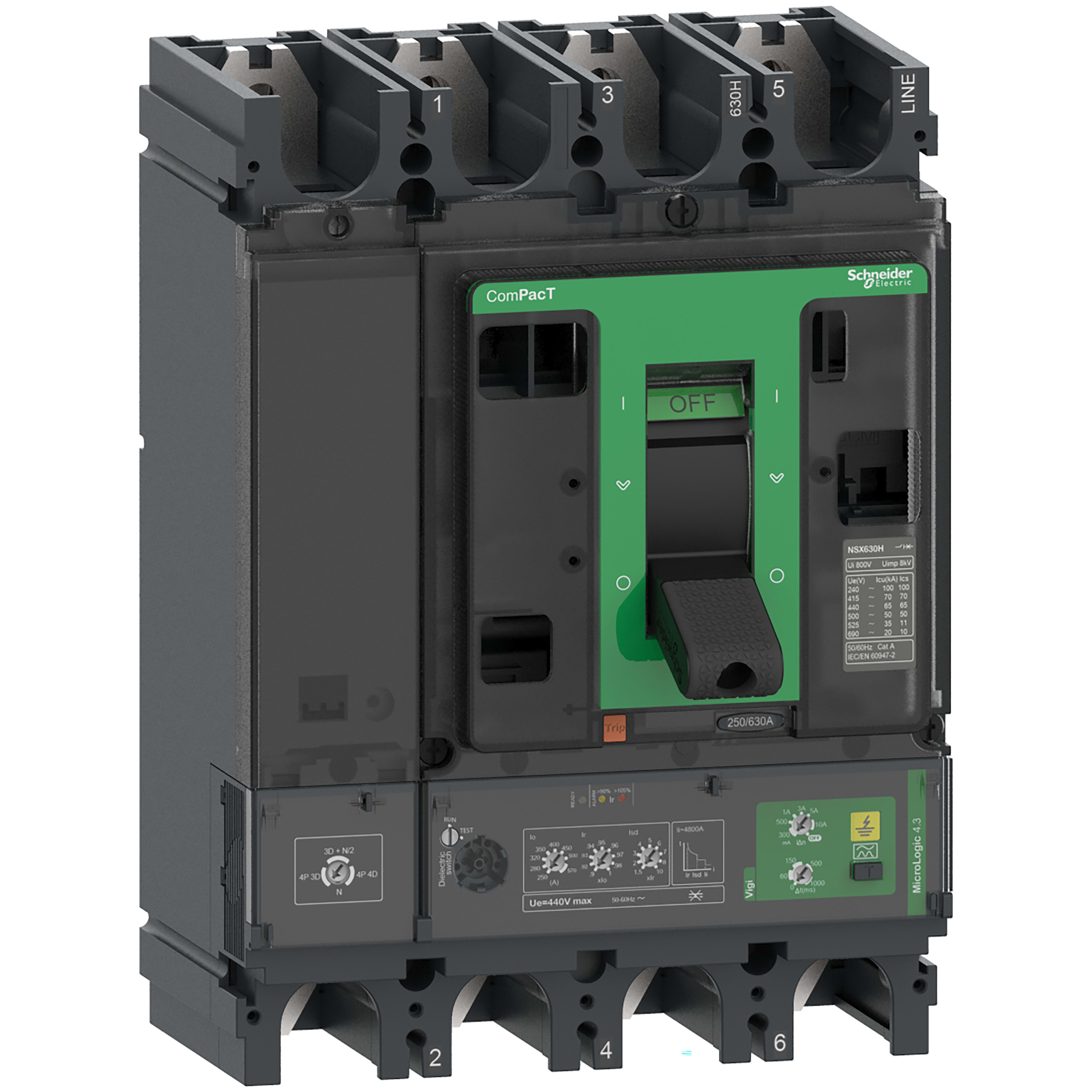 Schneider Electric - ComPacT NSX400H - Disjoncteur Vigi - MicroLogic 4.3 400A - 4P4D - 70kA - fixe