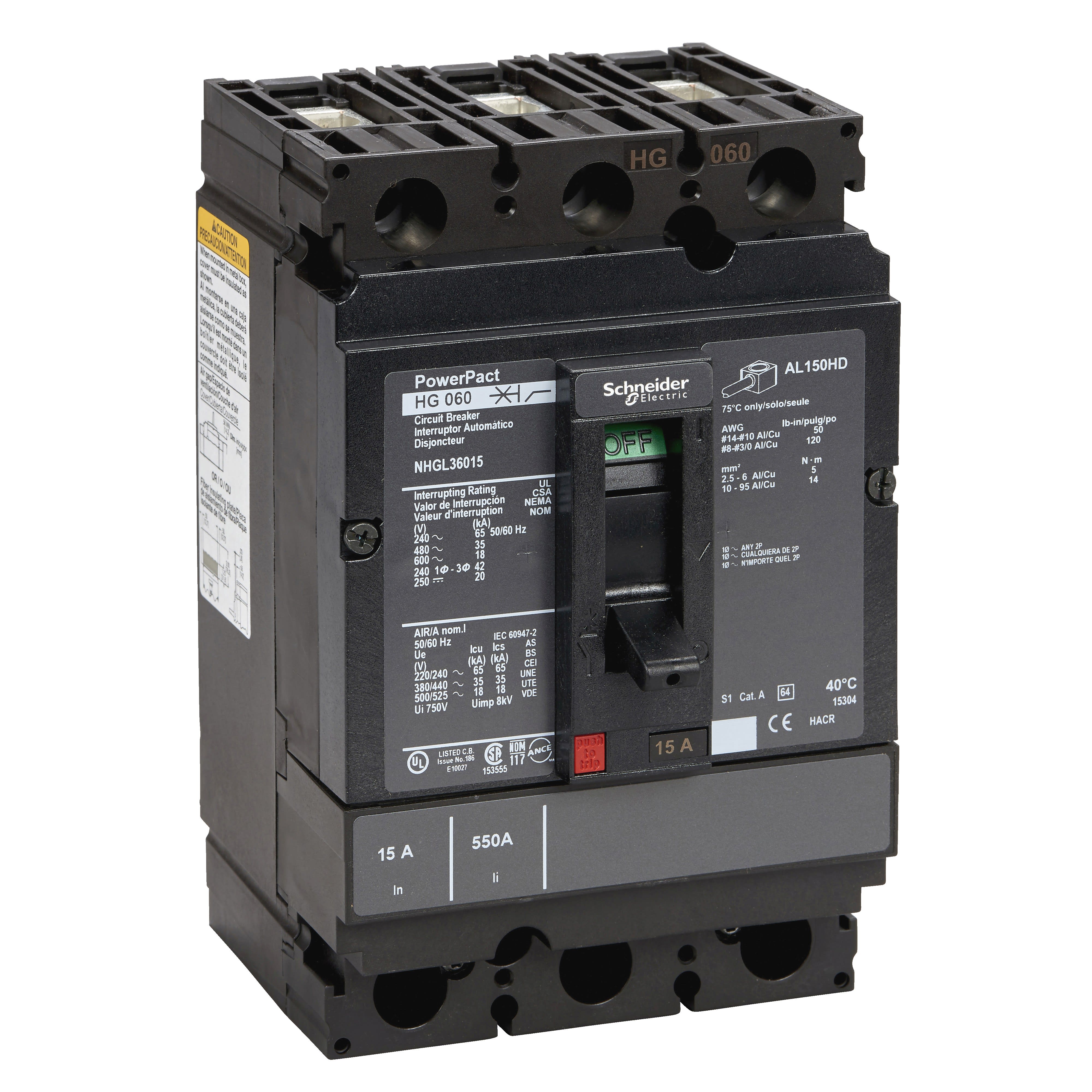 Schneider Electric - PowerPact H - disjoncteur 150A - avec bornes - 65kA - TMD - 90A - 3P 3d