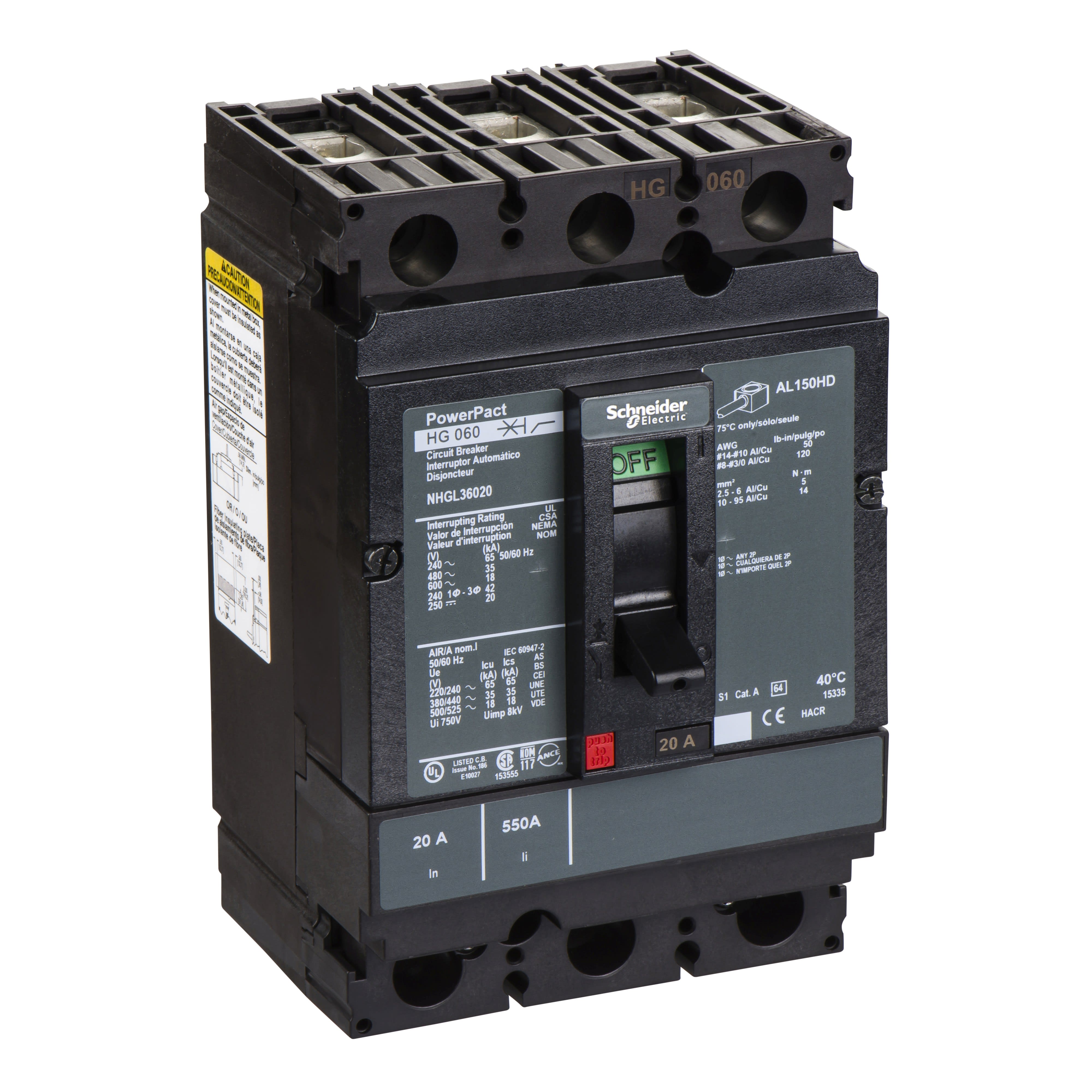 Schneider Electric - PowerPact H - disjoncteur 150A - avec bornes - 35kA - TMD - 20A - 3P 3d
