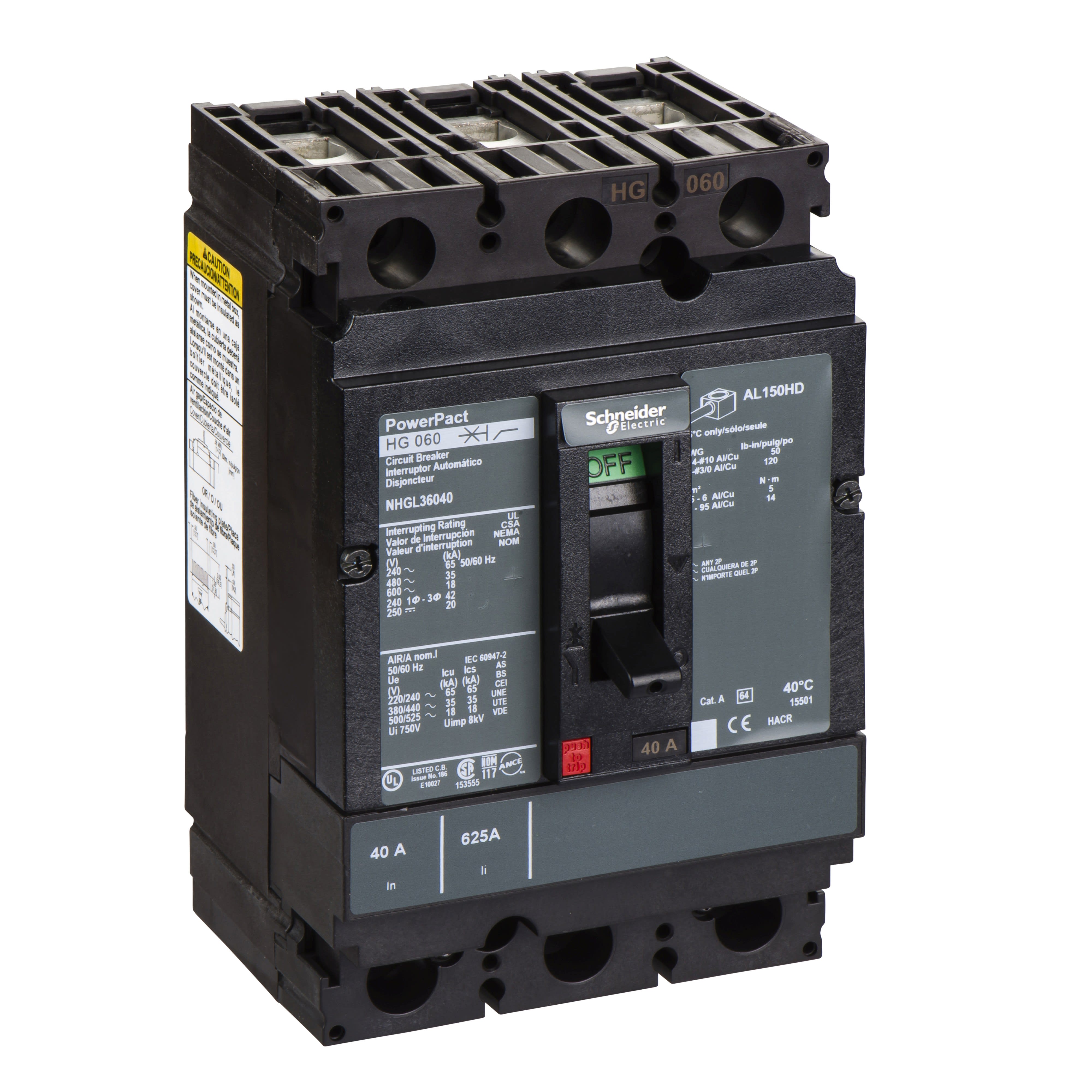 Schneider Electric - PowerPact H - disjoncteur 150A - avec bornes - 35kA - TMD - 40A - 3P 3d