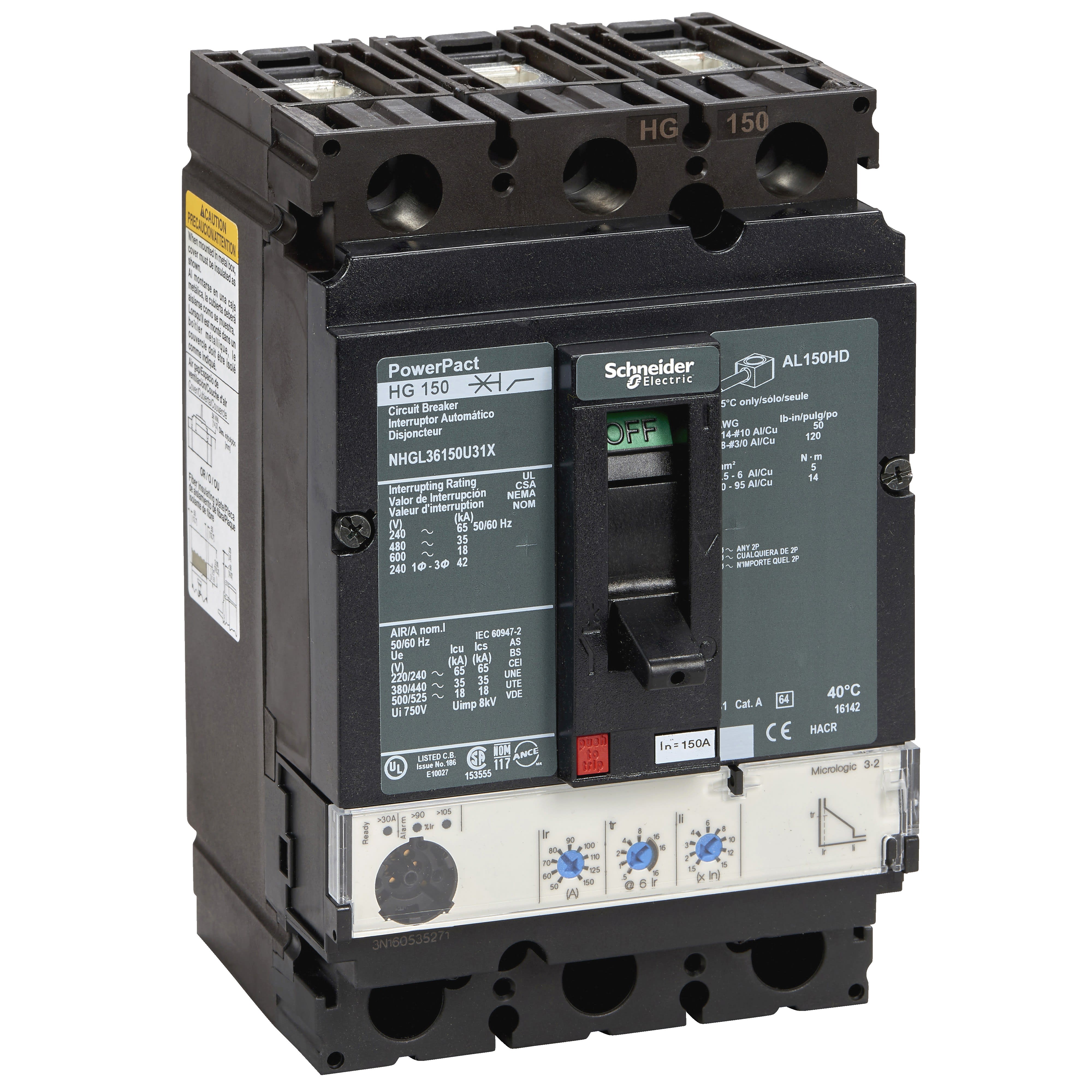 Schneider Electric - PowerPact H - disjoncteur 150A - avec bornes - 35kA - Micrologic 3.2 - 60A 3P3d