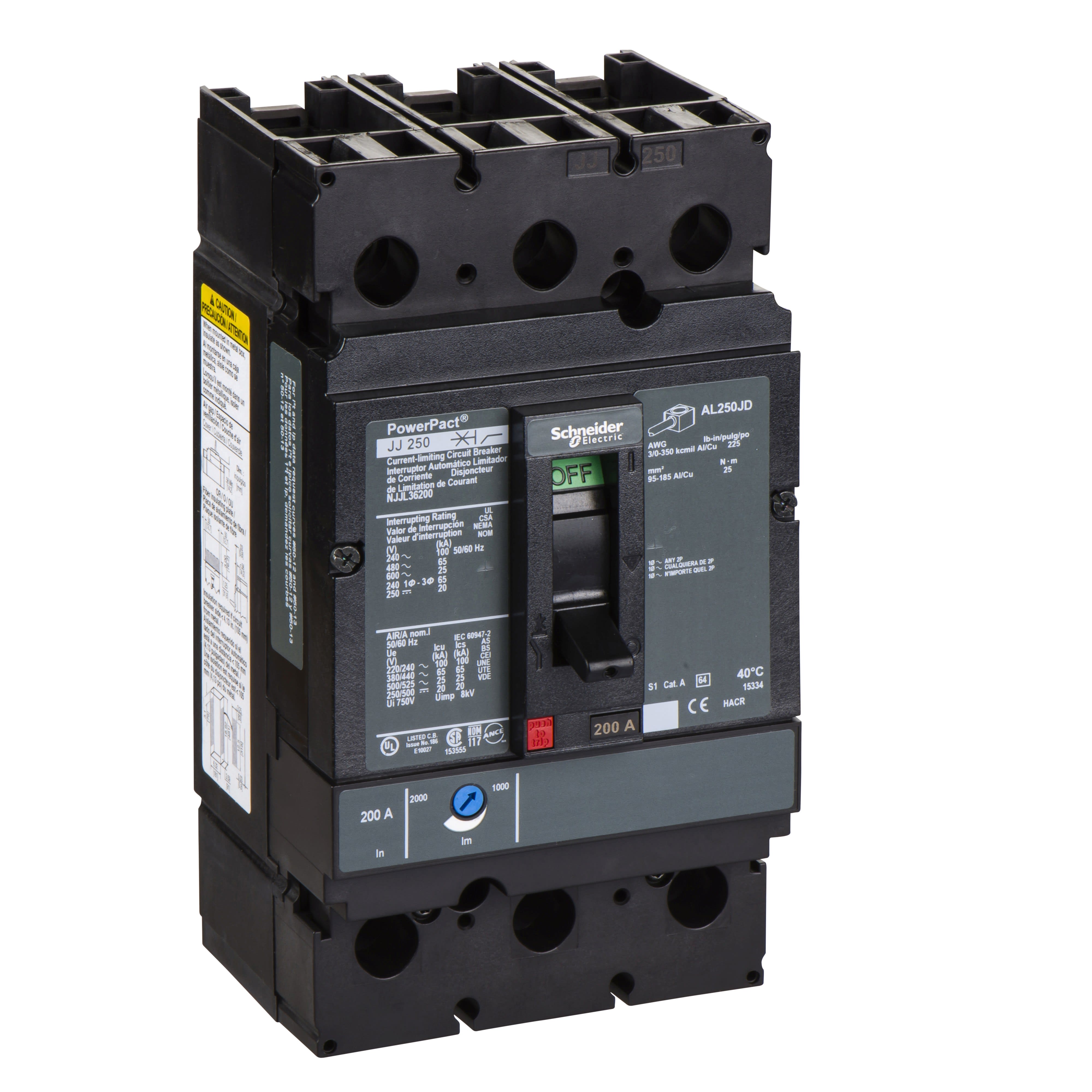 Schneider Electric - PowerPact J - disjoncteur 250A - avec bornes - 65kA - TMD - 200 A - 3P 3d