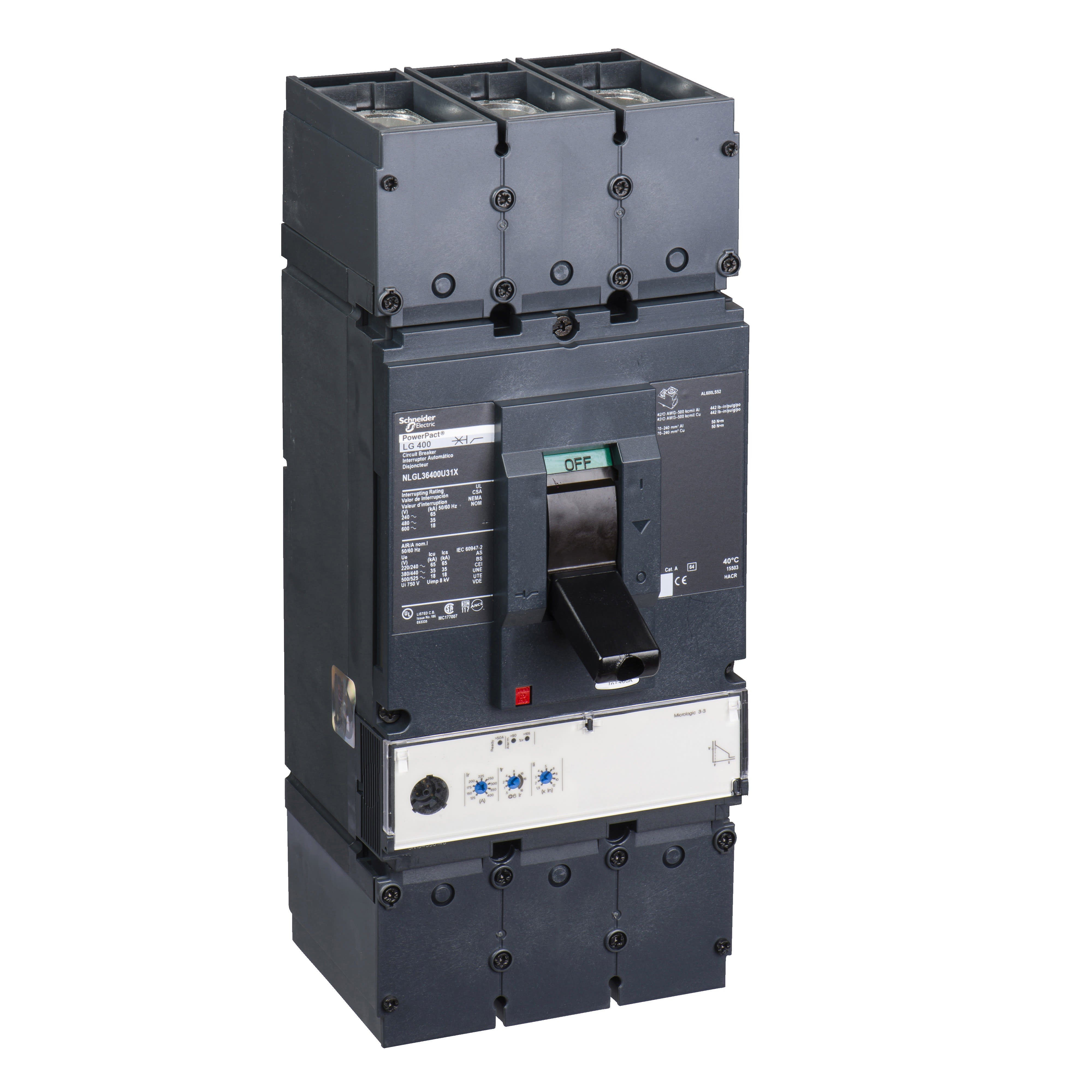 Schneider Electric - PowerPact L - disjoncteur 600A - avec bornes - 18kA -Micrologic 5.3E - 600A 3P3d