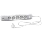Schneider Electric - Odace - Rallonge multiprises 5 prises 2P+T - blanche/aluminium - 2USB - 1,5m