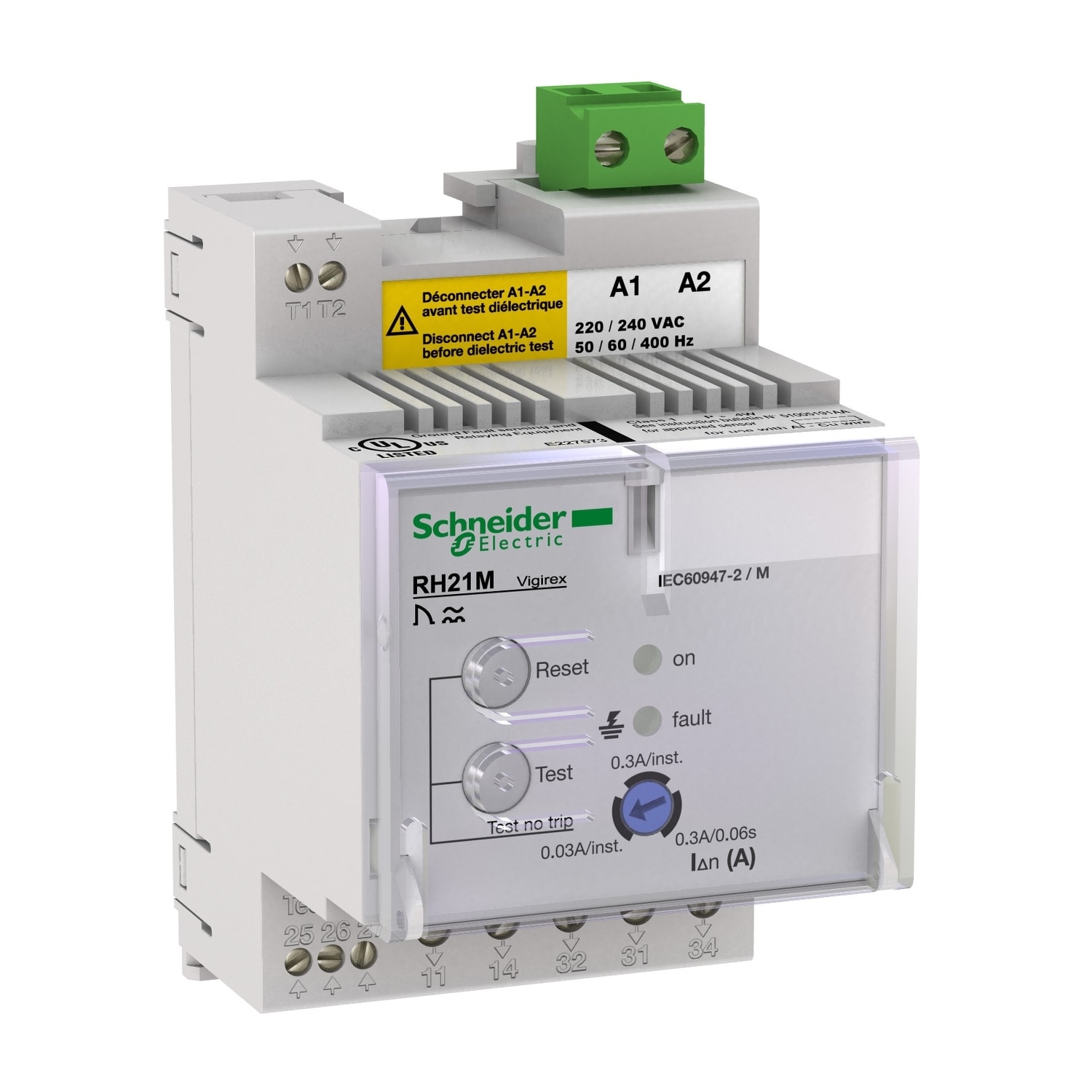 Schneider Electric - Vigirex RH21M 220-240VAC sens.0,03A-0,3A instantane - sens.0,3A temporise 0,06