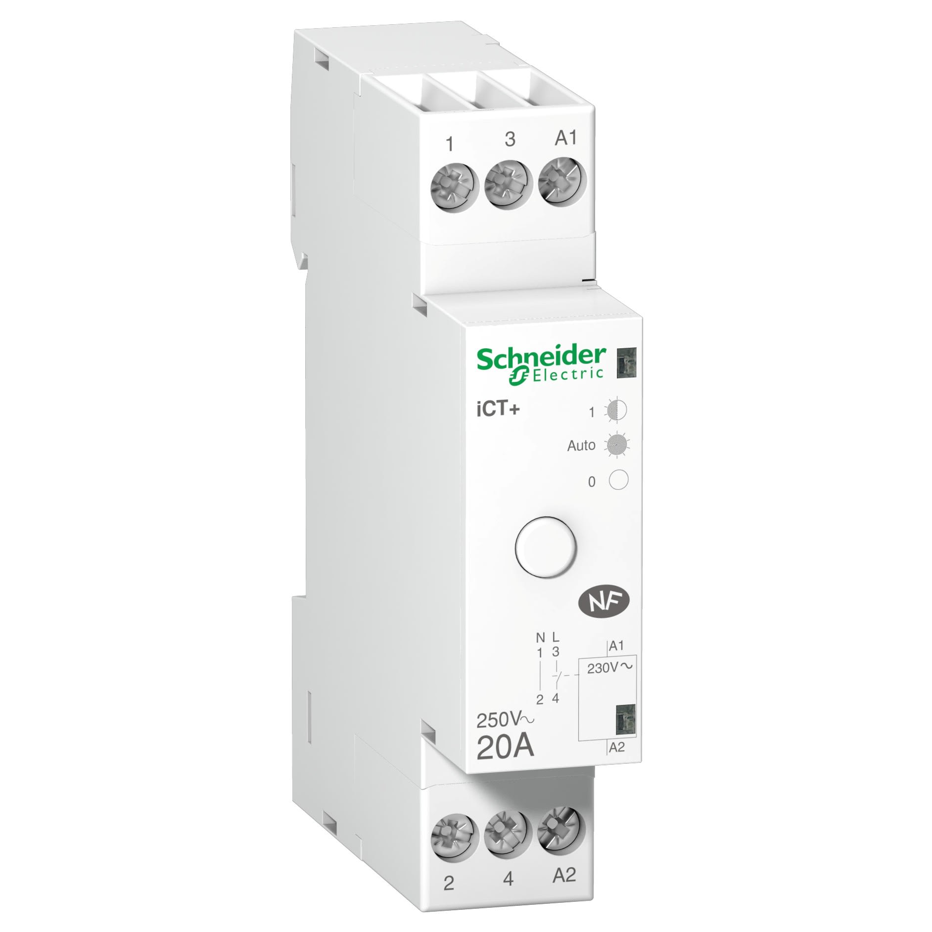 Schneider Electric - Acti9 iCT+HC - Contacteur silencieux à commande manuelle - 1P+N - 20A - 230Vca