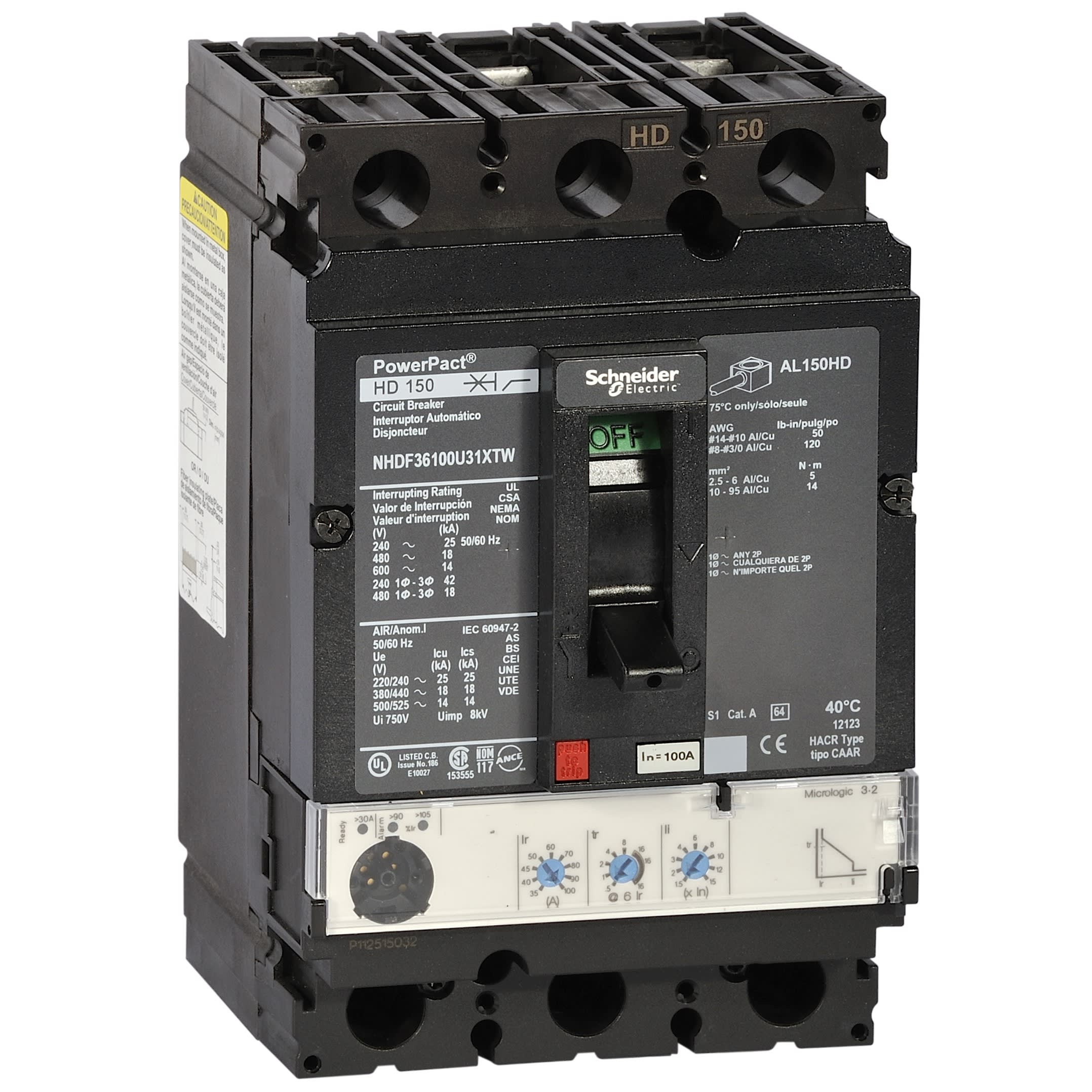 Schneider Electric - PowerPact H - disjoncteur 150A - sans bornes - 65kA Micrologic 3.2 100A 3P 3d