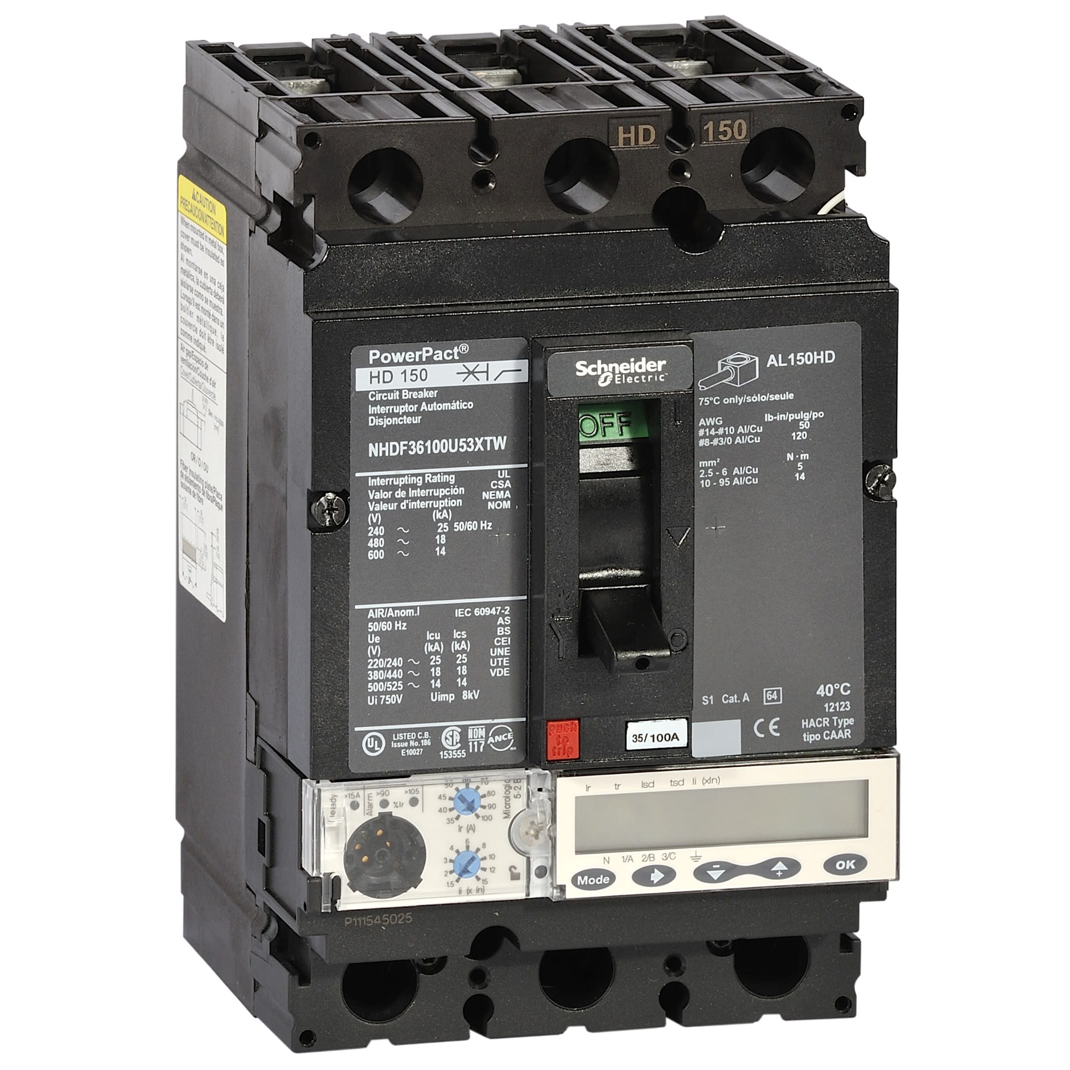 Schneider Electric - PowerPact H - disjoncteur 150A - sans bornes - 18kA - Micrologic5.2E - 60A 3P 3d