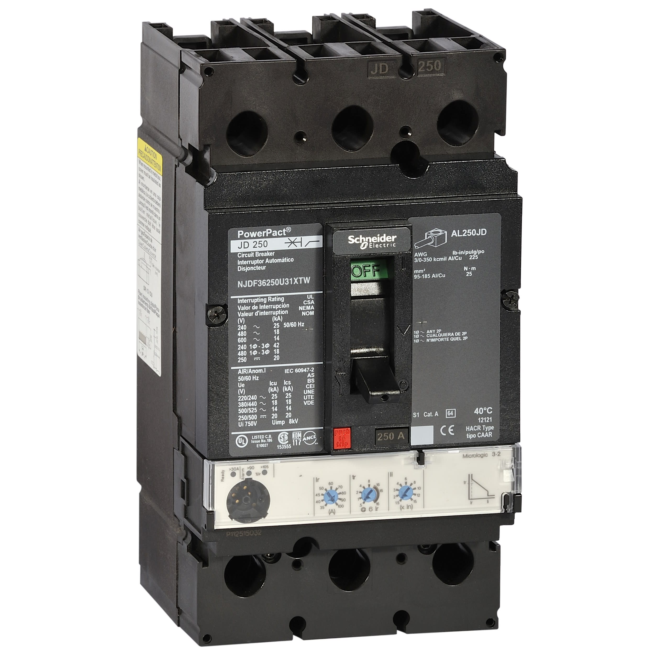 Schneider Electric - PowerPact J - disjoncteur 250A - sans bornes - 65kA Micrologic 3.2 250 A 3P 3d