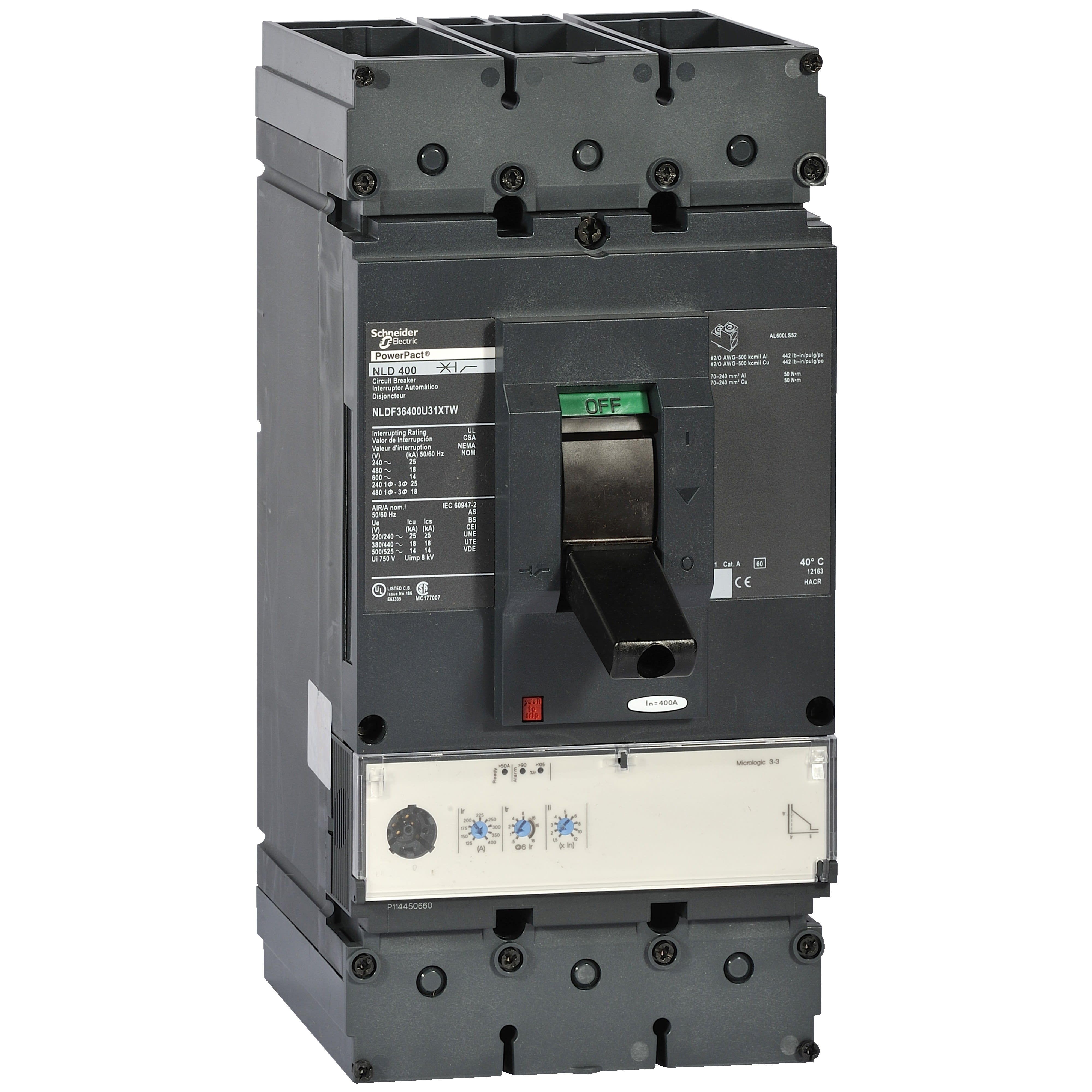 Schneider Electric - PowerPact L - disjoncteur 600A - sans bornes - 100kA Micrologic 3.3 400A 3P 3d