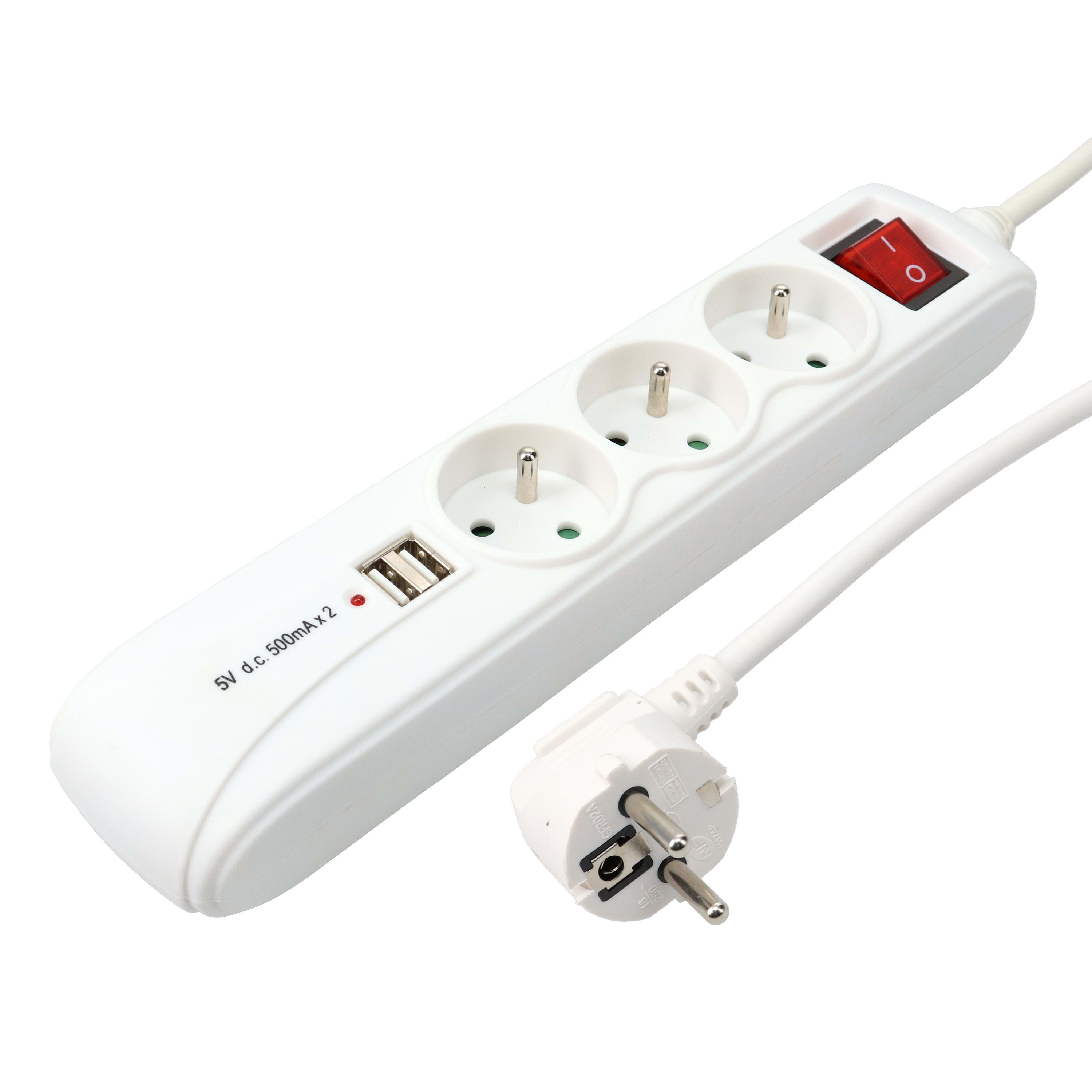 Erard - Bloc multiprises 1m - fiche (2 P+T) M / prises (2 P+T) F + 2 x USB A M - blanc