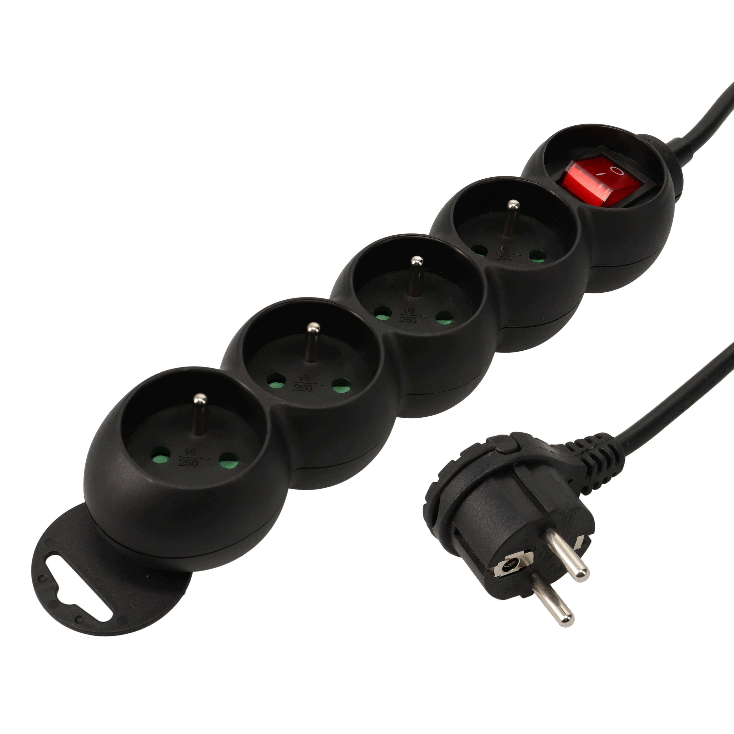 Erard - Bloc multiprises - 4 prises x (2 P+T) - 3x1mm²- 16A + interrupteur - noir - 1m80