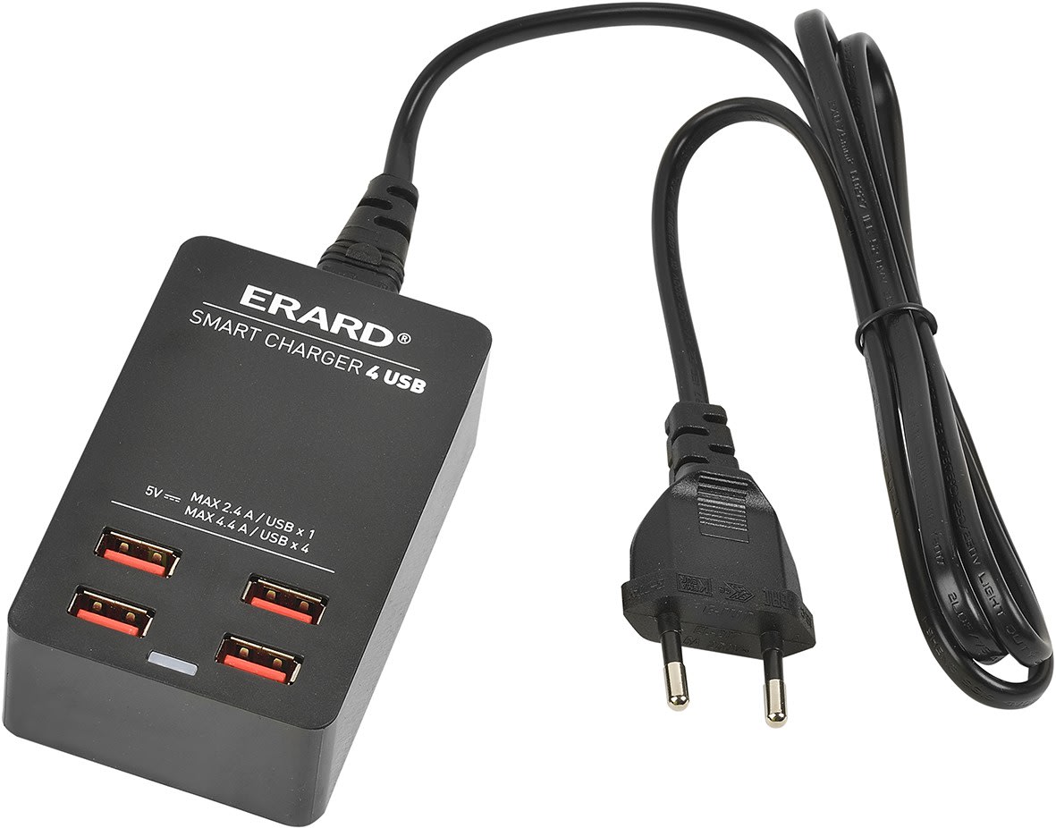 Erard - Chargeur 4 USB A F sur secteur 230V - 5V/2.4A - smart charge - noir - 1m20