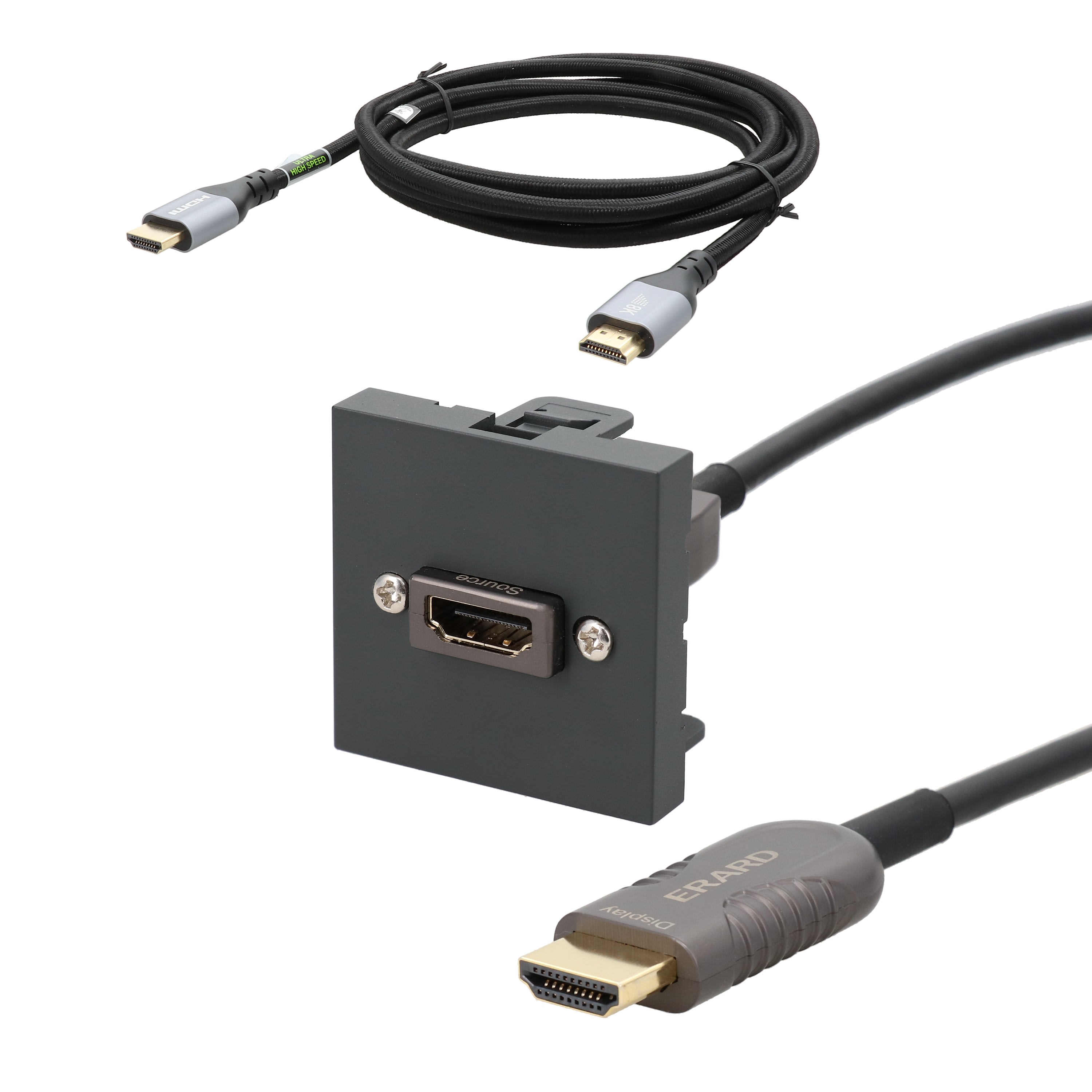 Erard - Kit plastron anthracite AOC HDMI A F/M - 8K - 30 m + Cordon M/M 8K certifié
