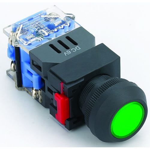 MCI - MBP22-E-ZD/G/12V/P: bouton poussoir maintenu à LED verte 12V pour découpe Ø22,5