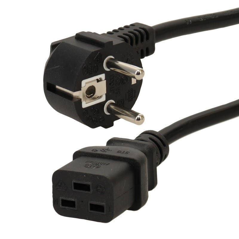 Erard - Cordon 2 P+T M coudée à 90°/ 1 prise C19 F - 3 x 1 mm² noir 2m