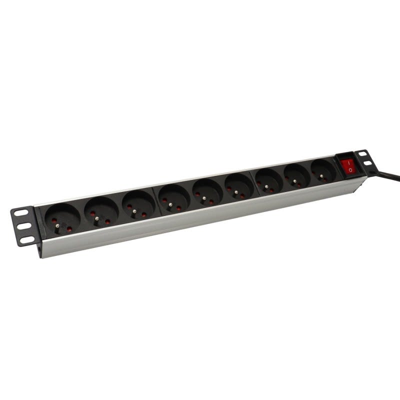 Erard - Panneau équipé - aluminium - 9 prises 2P+T + interrupteur - 1U - gris