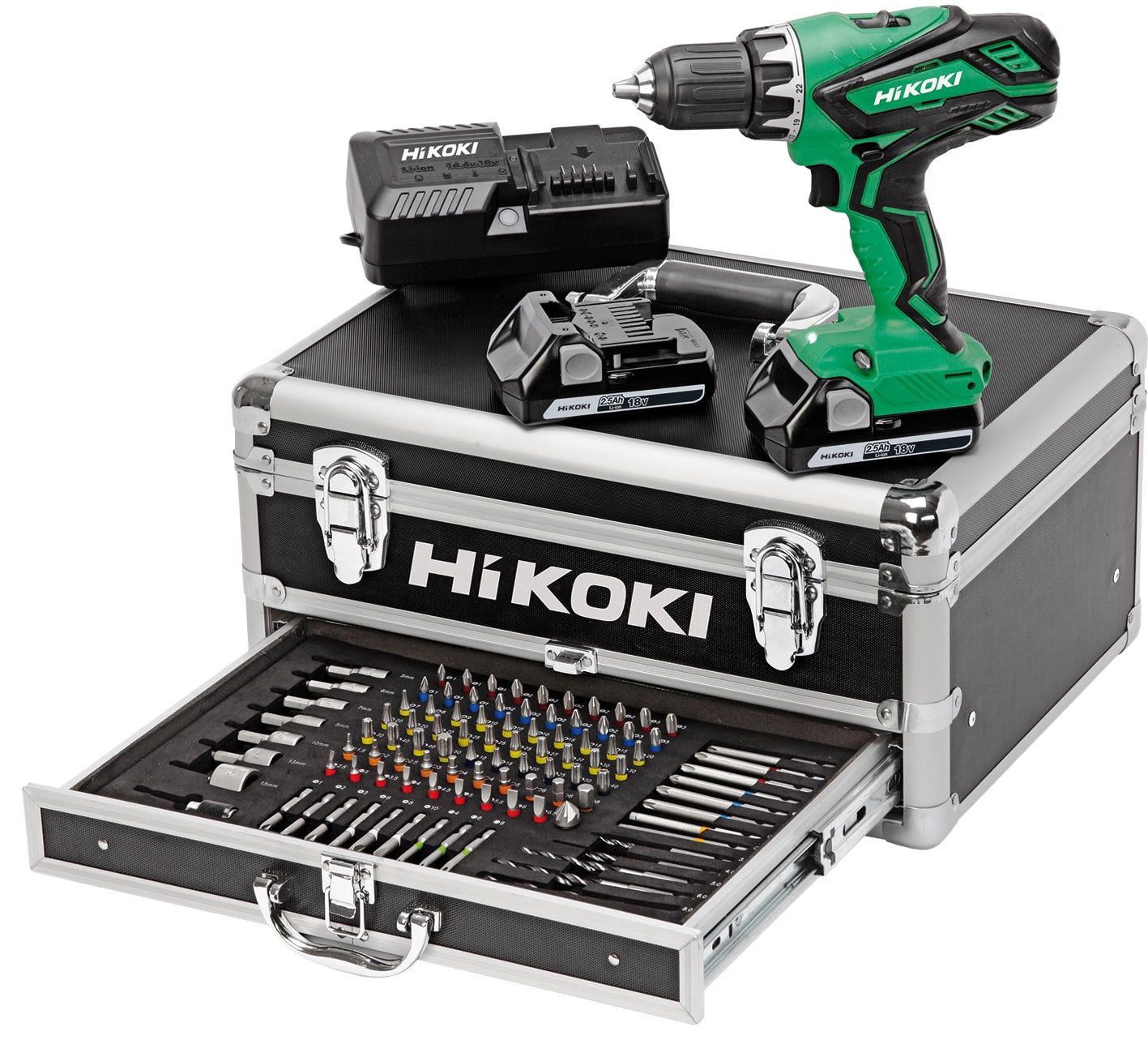 Hikoki Power Tools - KIT perceuse visseuse 13mm 18V 2,5Ah Li-ion x2 batt. 53Nm coffret Alu 100 access