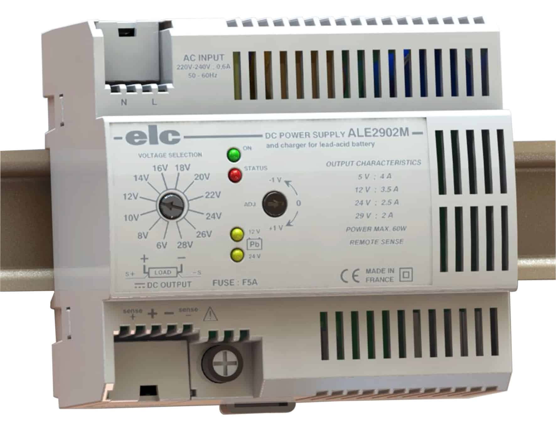ELC - Alimentation rail DIN 5 a 29V 60W et chargeur batterie plomb 12 ou 24V