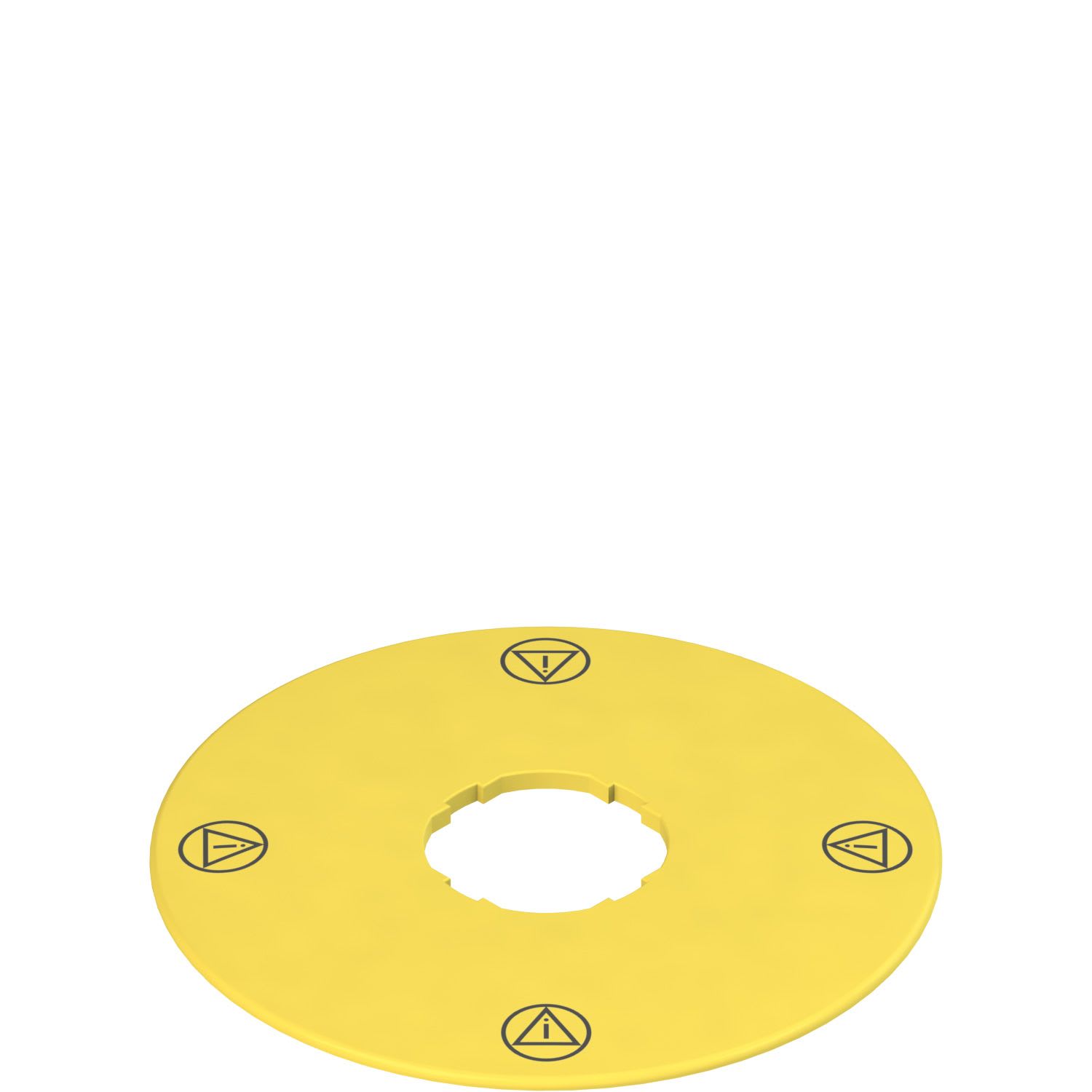 Pizzato - Plaquette avec trou façonné, disque jaune Ø90mm, inscription: conforme ISO 13850