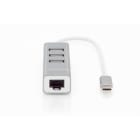 Assmann Electronic - Hub USB 2.0 Type-C, 3-ports A/F & 1x RJ45 LAN, Chipset: FE1.1S/RTL8152B