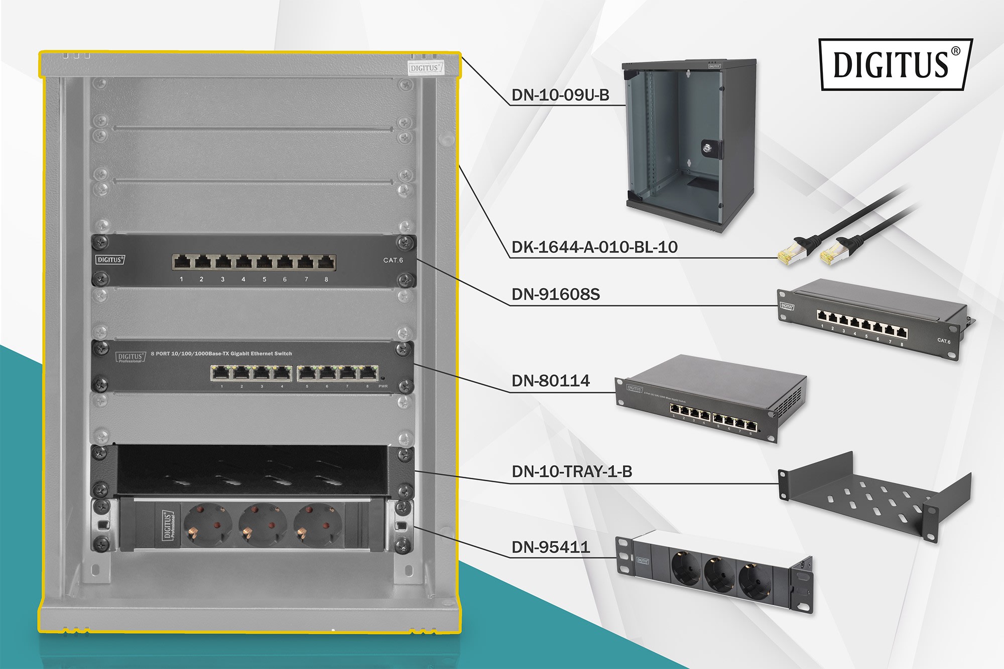 Assmann Electronic - Pack réseau 10'' 9U noir tablette, PDU, switch 8 ports, panneau brass. CAT6 noir