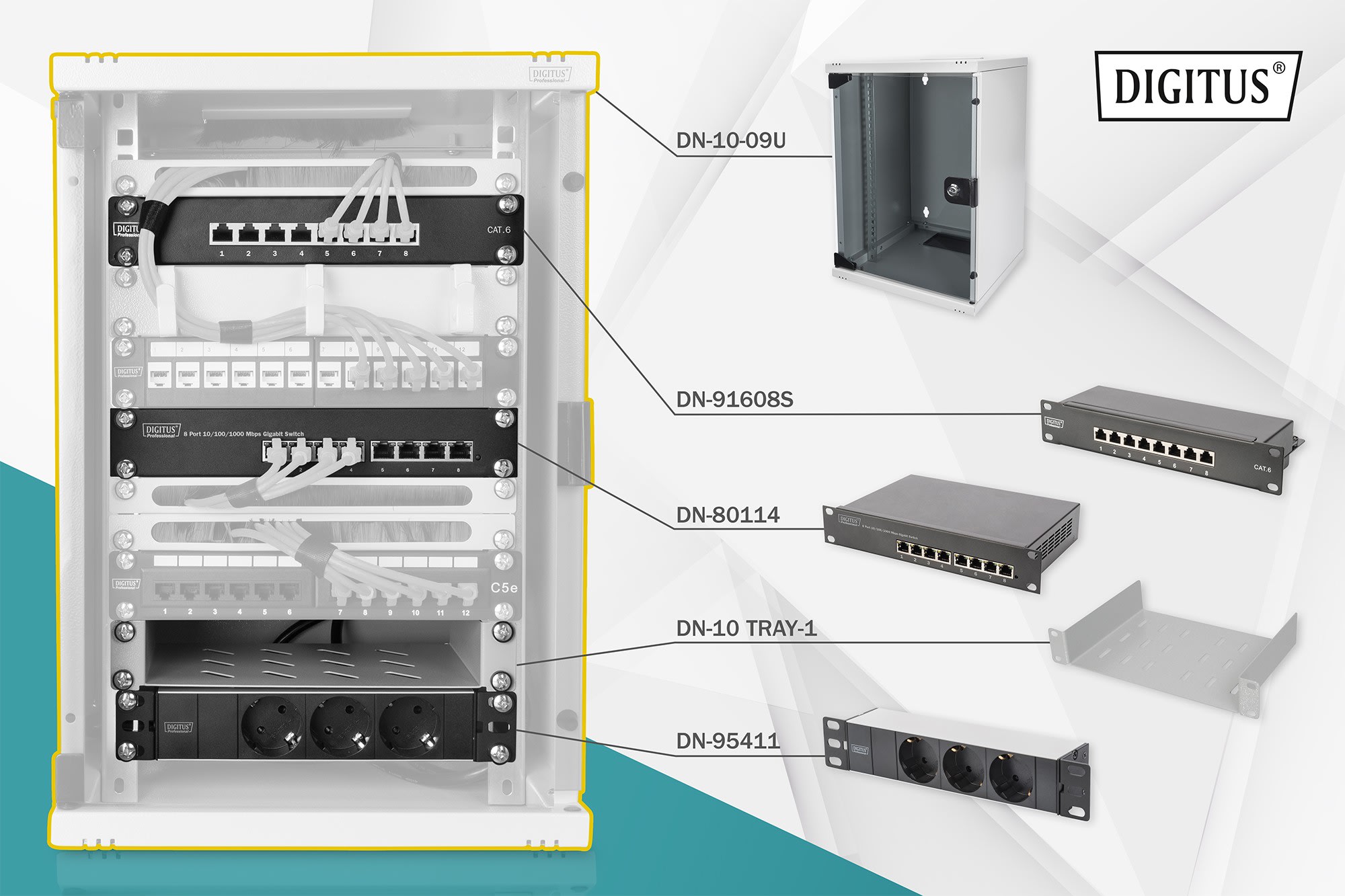 Assmann Electronic - Pack réseau 10" 9U étagère, PDU, commutateur 8 ports, panneau brassage CAT6 gris