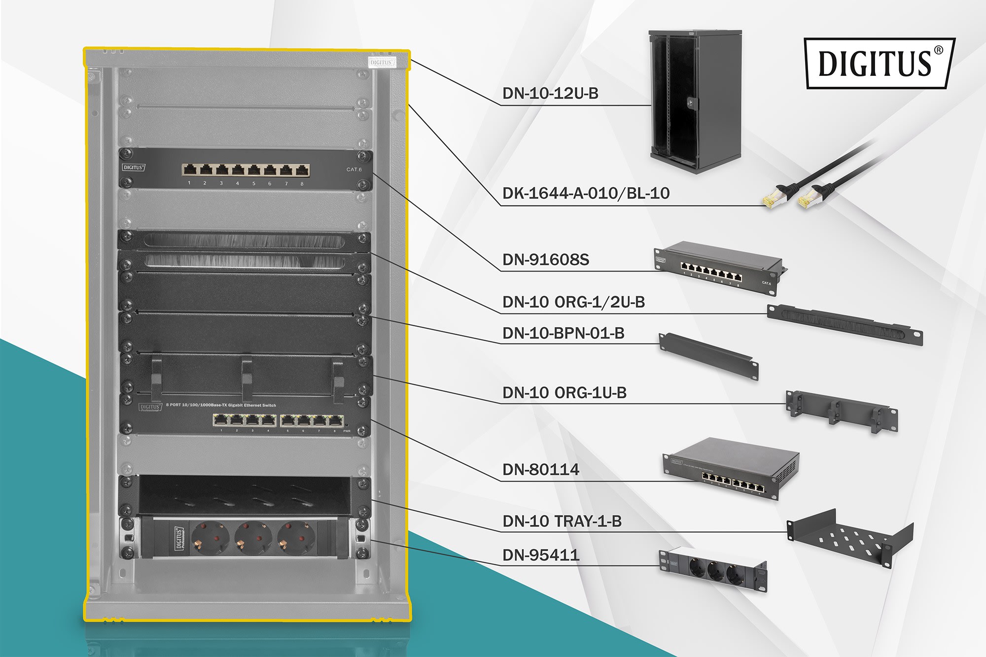 Assmann Electronic - Pack réseau 10 pouces, boîtier mural 12U incl., noir et divers composants