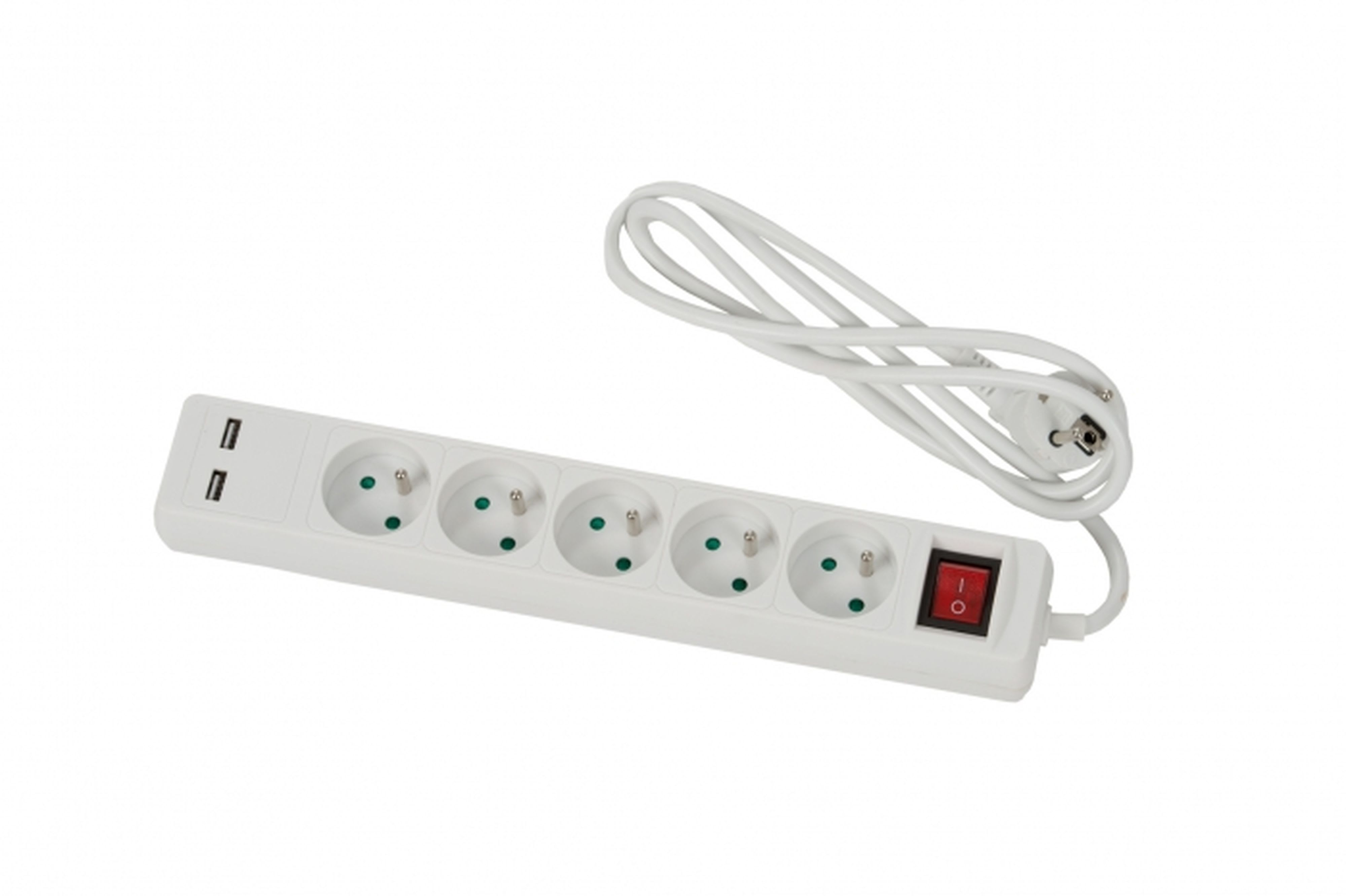 CEBA - Bloc 5 prises + 2 prises USB blanc avec interrupteur - 1,5m câble H05VVF 3G1