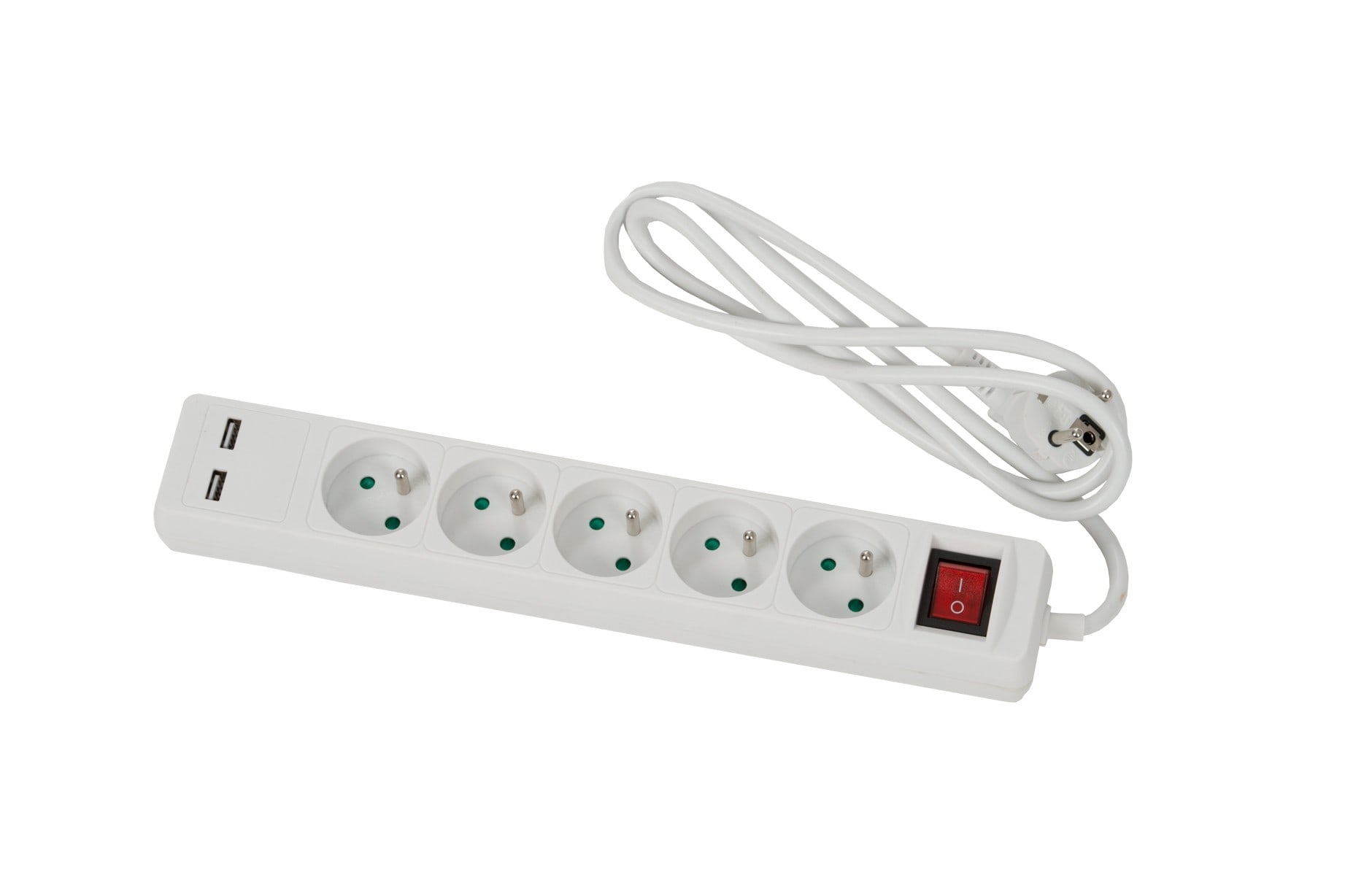 CEBA - Bloc 5 prises + 2 prises USB blanc avec interrupteur - 1,5m câble H05VVF 3G1