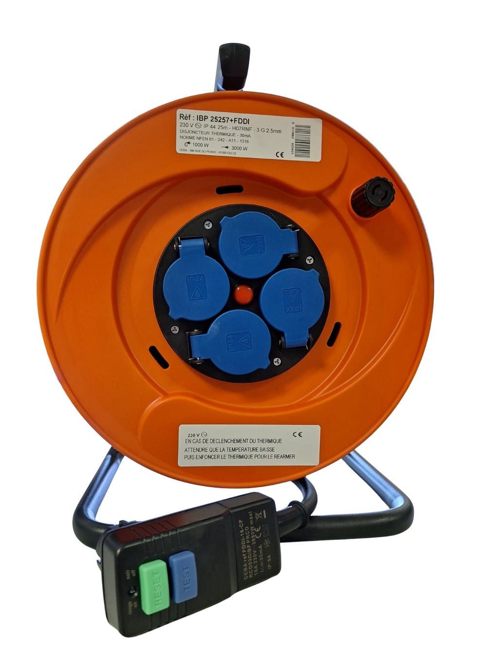 CEBA - Enrouleur électrique 4 prises - 25m de câble HO7RNF 3G2,5 + différentiel 30mA