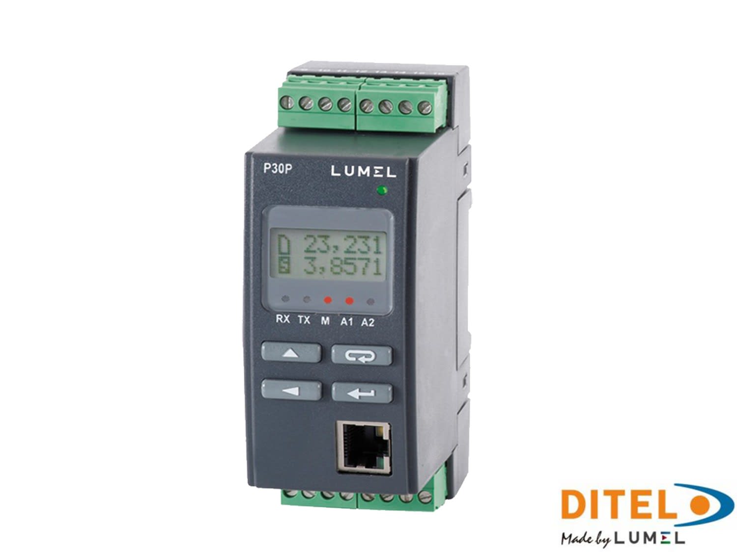 Ditel - Prog transducer 1-phase, 100V-1/5A, 0/4-20mA, Ethernet, 2 Rel, 85-253 VAC/DC