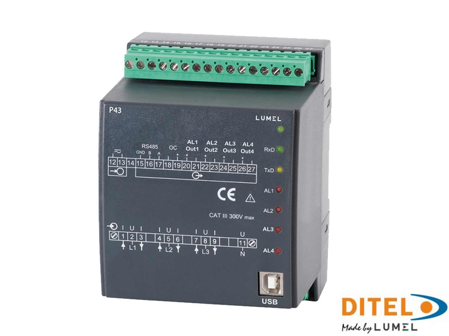 Ditel - Prog transducer 3-phase, 230/400V, 5A, 4 Ana, 85-253 VAC/DC