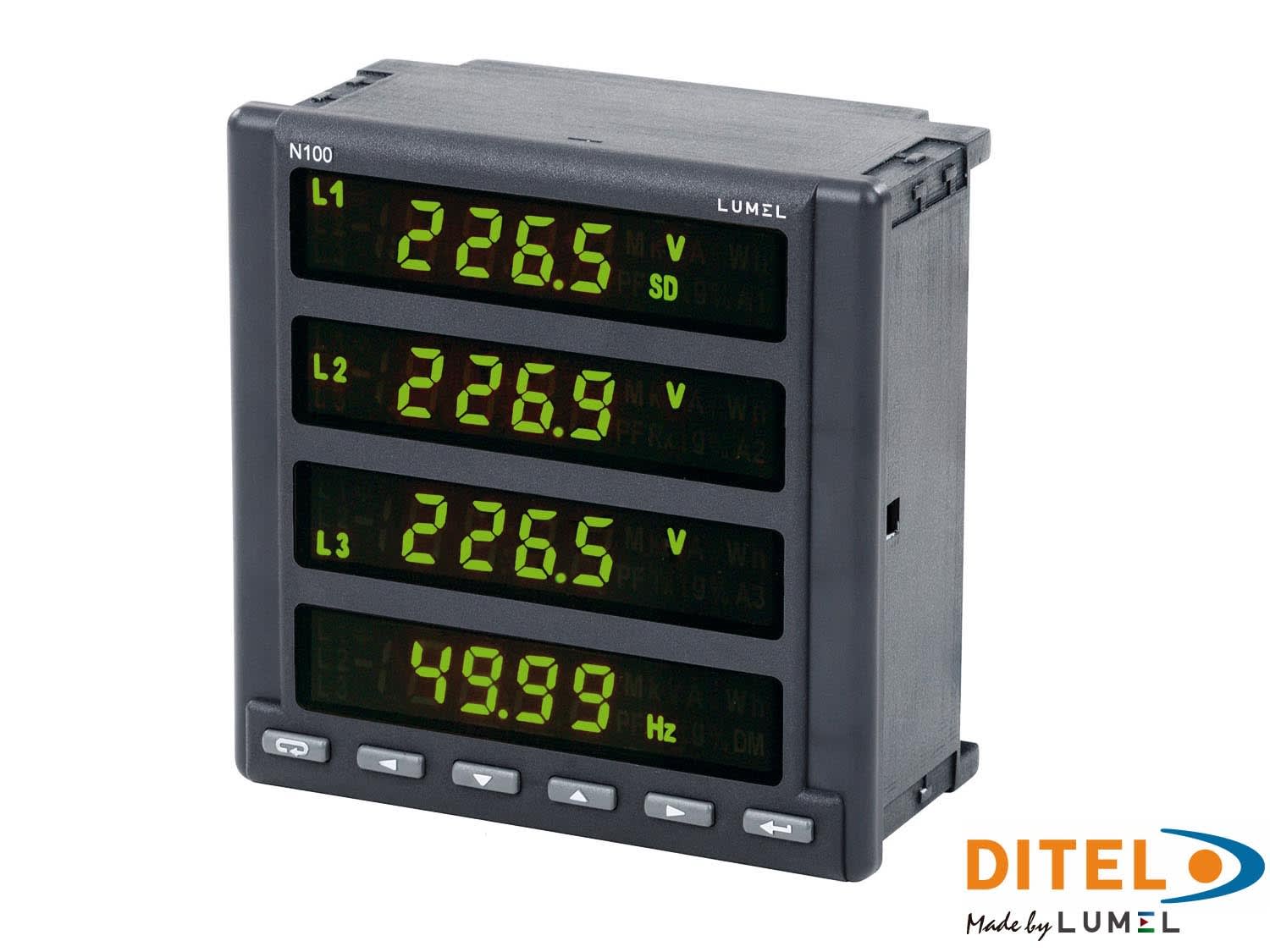 Ditel - 3 phase network meter LED, 57,7/100V, 3 Rel, 1 Ana, 1 Pulse, C/CERT