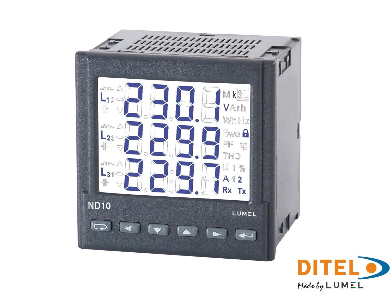 Ditel - CENTRALE DE MESURE LUMEL ND10, LCD 3.5, 3x5A, 3&#215;290/500V 2xAL, 1xDO, RS485,
