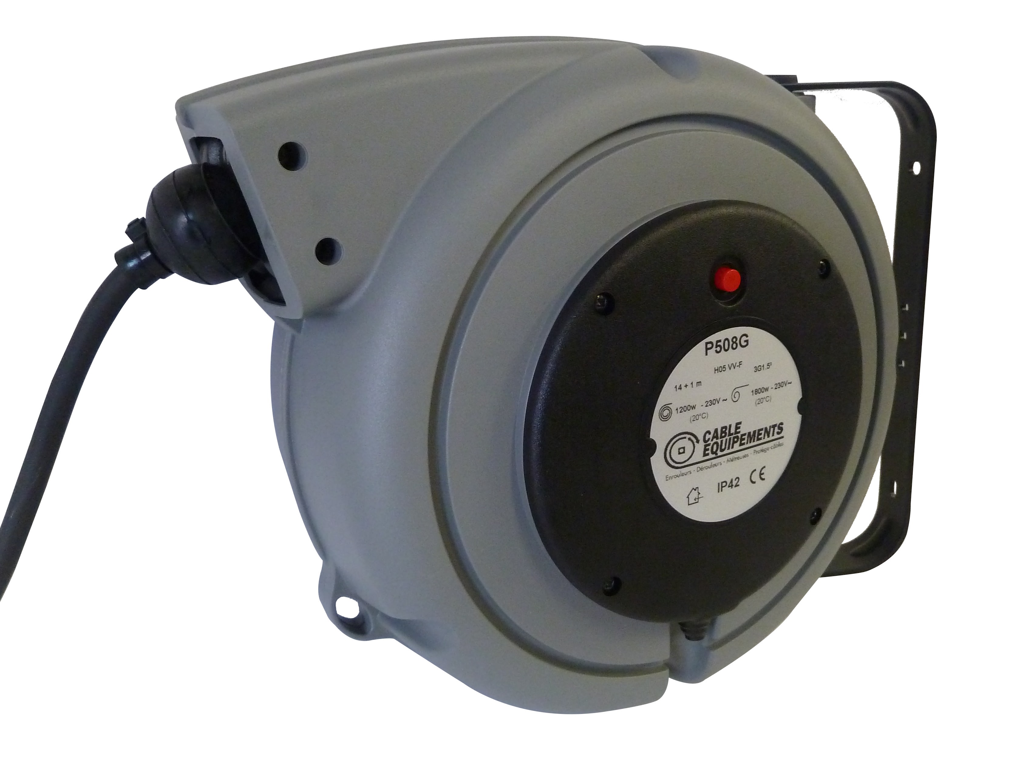 Cable Equipements - P508/G : enrouleur rappel auto PLT 500 - 14+1.5m 3G1,5² HO5VV-F - IP42 - Cliquet