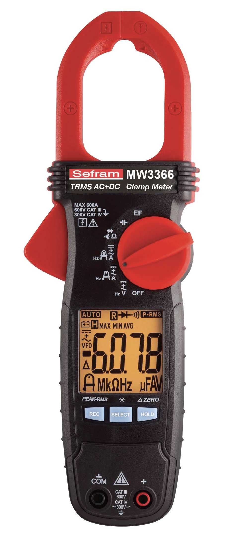 Sefram - Pince Multimètre 600A TRMS AC+DC. Faible courant d'accroche. Livrée avec étui.
