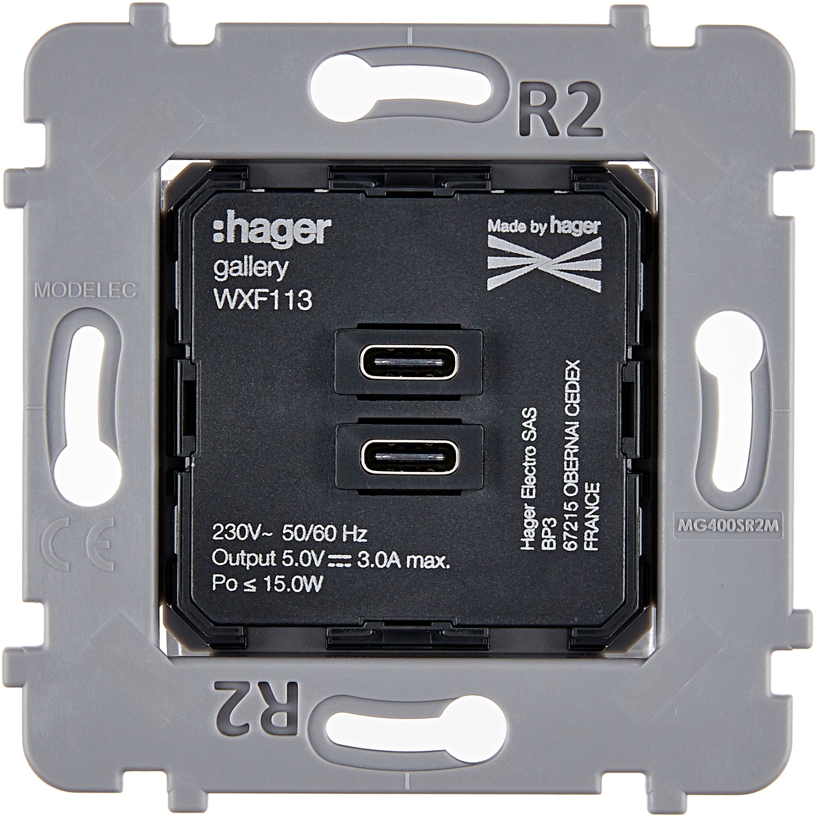 MODELEC - Mécanisme chargeur 2 ports USB C + C 5V-3A-15W