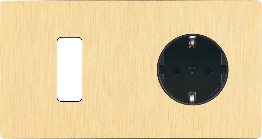 MODELEC - Façade "M" Laiton Brosse Double Horizontale 1 Bouton 1 Prise Schuko magnétique