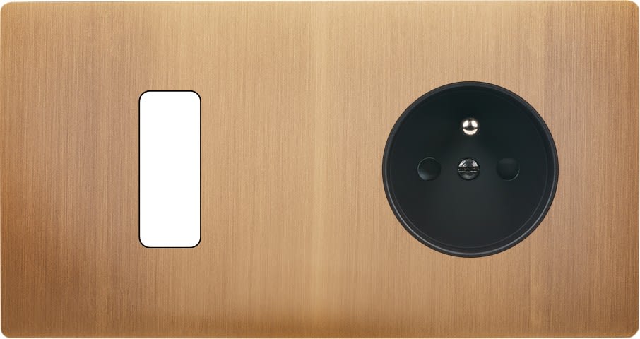 MODELEC - Façade "M" Laiton Vieux Bronze Double Horizontale 1 Bouton 1 Prise magnétique