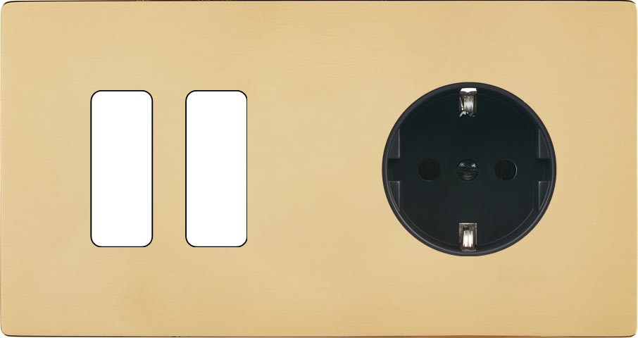 MODELEC - Façade "M" Laiton Miroir Double Horizontale 2 Boutons 1 Prise Schuko magnétique