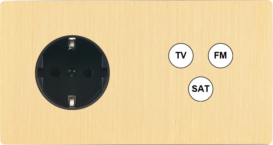 MODELEC - Façade "M" Laiton Brosse Double Horizontale 1 Prise Schuko 1 Tv-Fm-Sat magnétiq