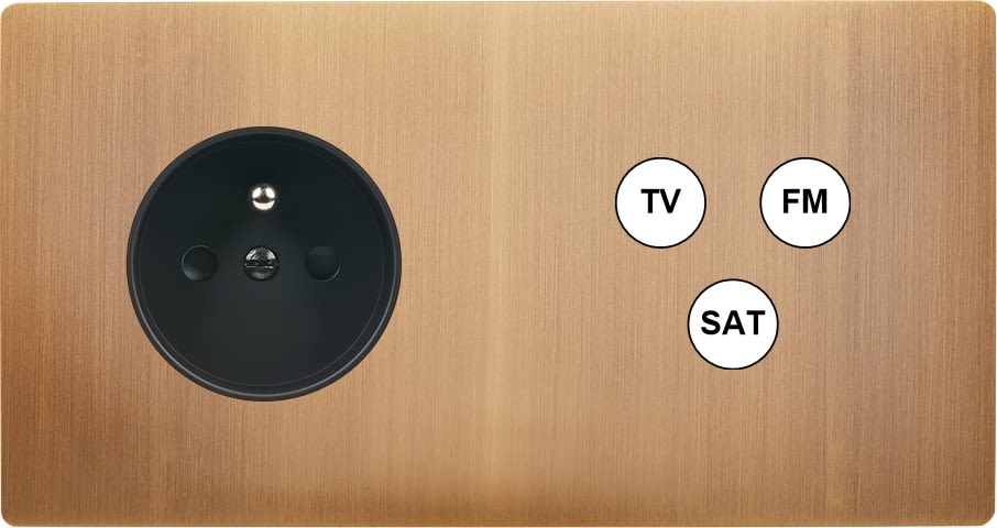 MODELEC - Façade "M" Laiton Vieux Bronze Double Horizontale 1 Prise 1 Tv-Fm-Sat magnétique