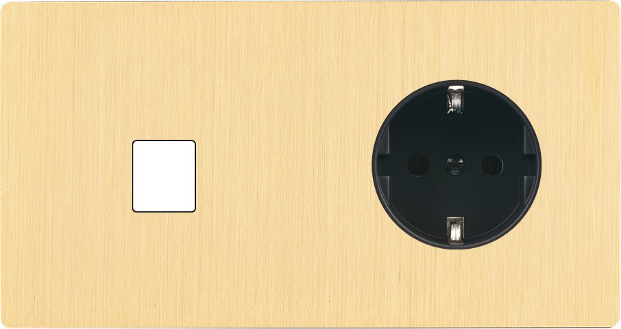 MODELEC - Façade "M" Laiton Brosse Double Horizontale 1 Media 1 Prise Schuko magnétique
