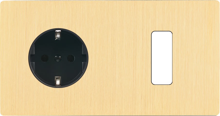 MODELEC - Façade "M" Laiton Brosse Double Horizontale 1 Prise Schuko 1 Bouton magnétique