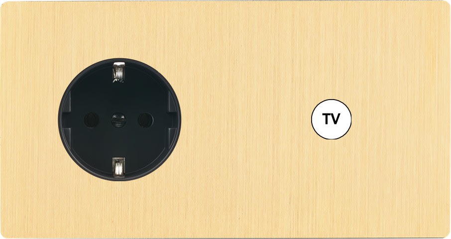 MODELEC - Façade "M" Laiton Brosse Double Horizontale 1 Prise Schuko 1 Prise Tv magnétique