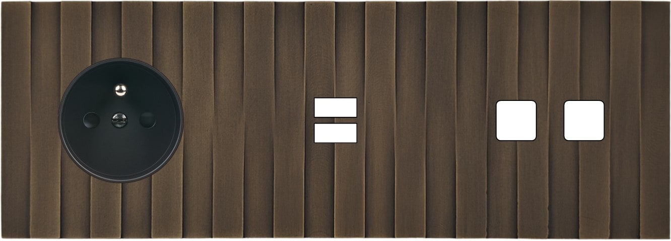 MODELEC - Façade Empreintes LIGNE Vieux Bronze Triple Horiz Prise de Courant U1 2 boutons